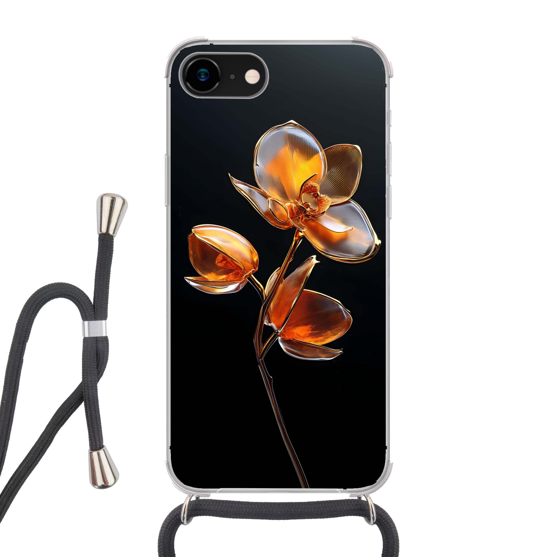MuchoWow Handyhülle für Apple iPhone 7 Blume - Orchidee - Orange, Tragbare Handyhüllen mit Kette zum umhängen, Handykette Handyband