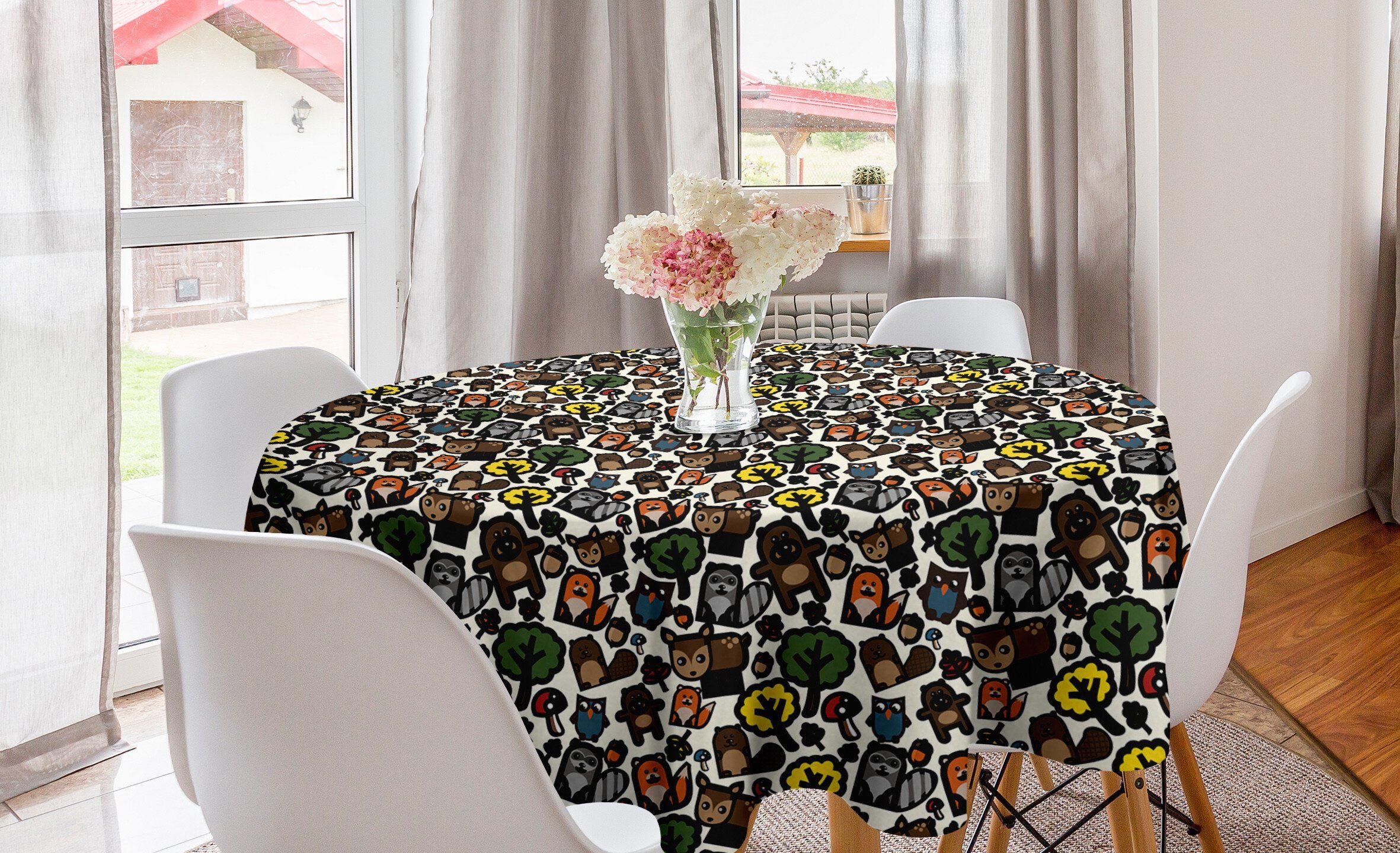Abakuhaus Tischdecke Kreis Tischdecke Abdeckung für Esszimmer Küche Dekoration, holzig Lustige Waldtierförmigen