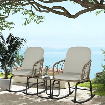 Outsunny Sitzgruppe Rattan Schaukelstuhl-Set, Gartenmöbel-Set mit 2 Stühlen, 1 Couchtisch, (Gartensitzgruppe, 3-tlg., Gartengarnitur), mit Kissen, für Balkon, Terrasse, Creme