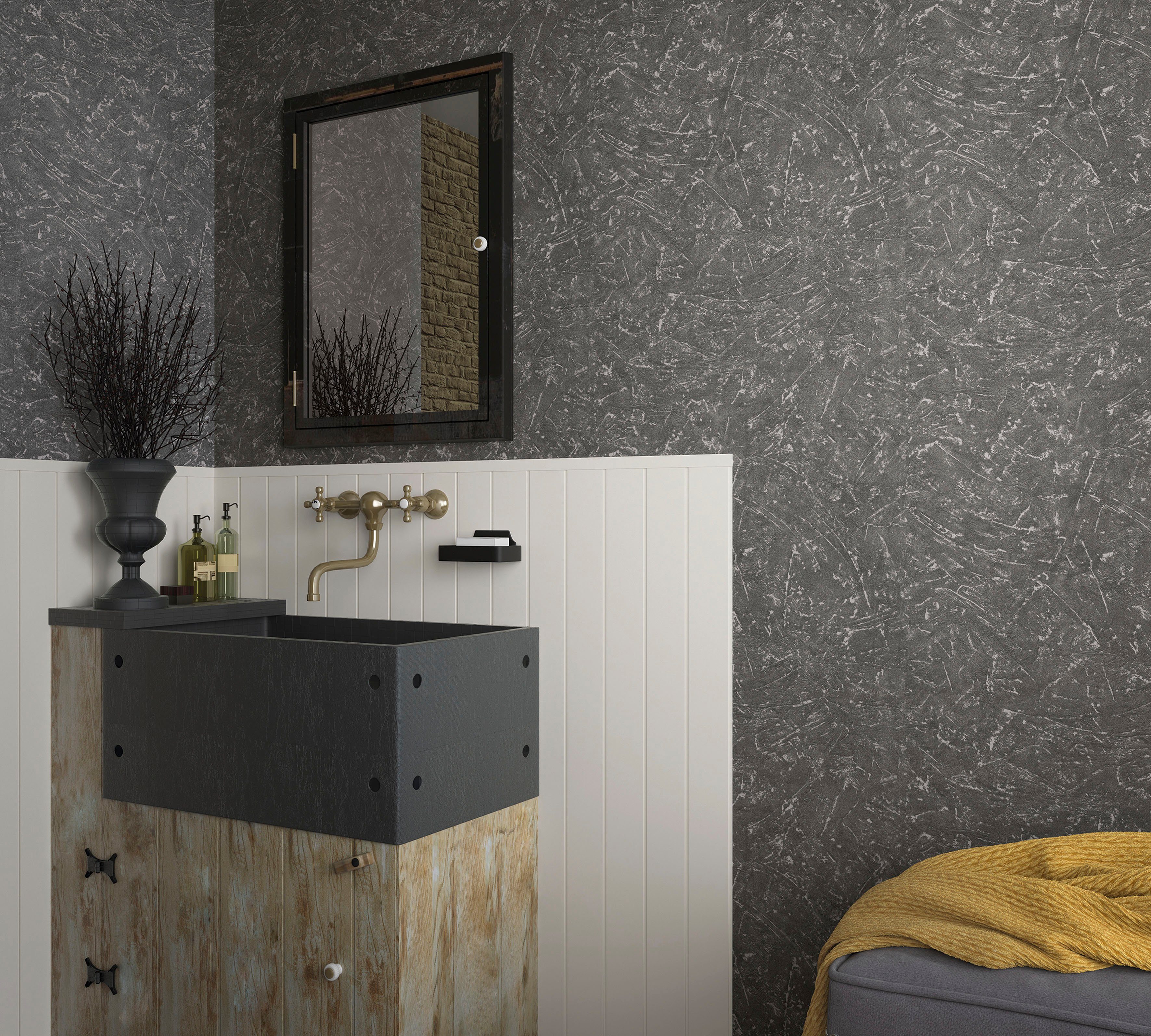 Marburg Vliestapete Plaster, strukturiert, matt, moderne Vliestapete für Wohnzimmer Schlafzimmer Küche schwarz