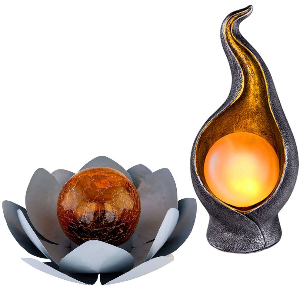 GLOBO LIGHTING LED Solarleuchte, LED-Leuchtmittel fest verbaut, Warmweiß, Gartendeko Außenlampe Solarlampe Lotusblume Flammen Balkonlampe 2x