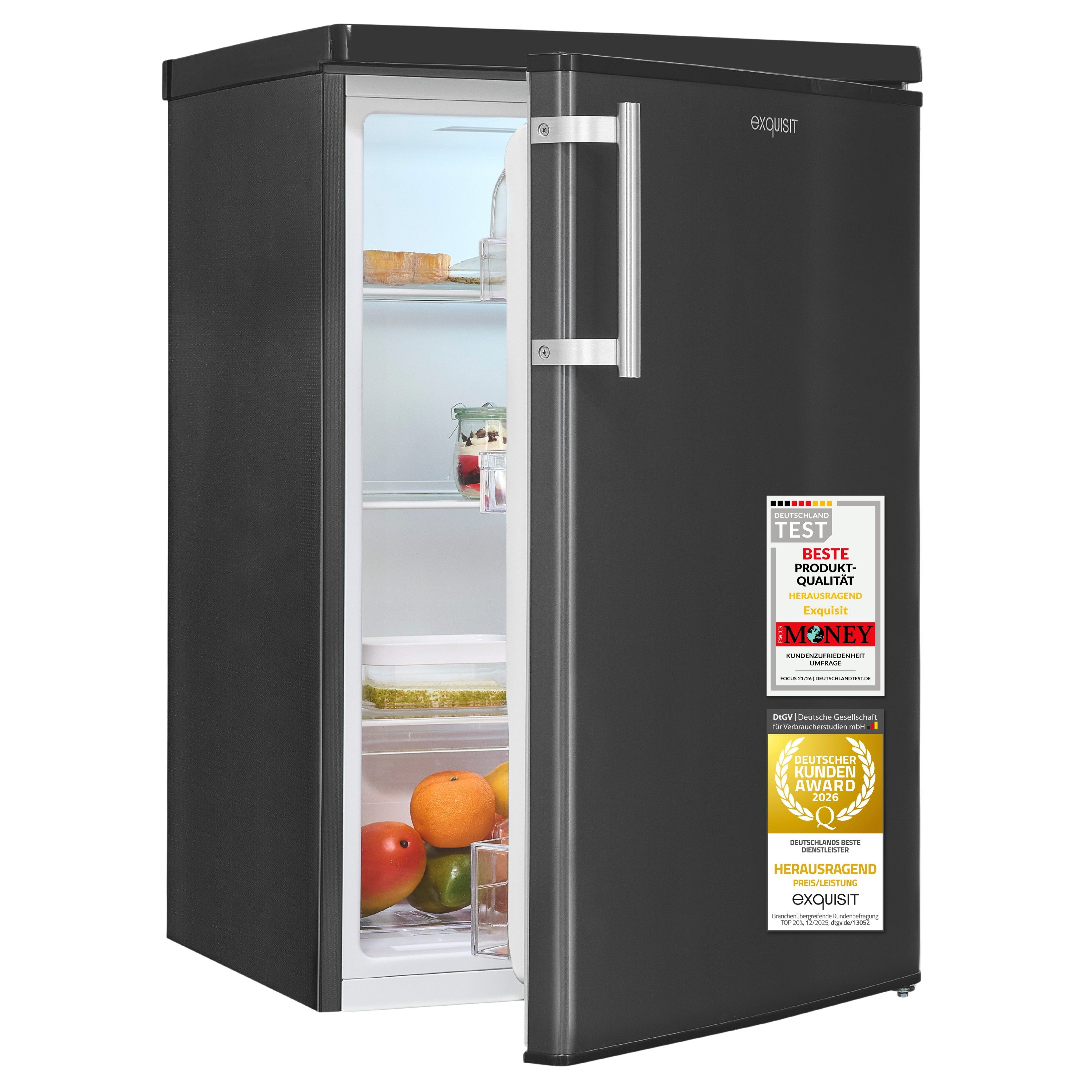 exquisit Vollraumkühlschrank KS516-V-H-040E, 85.5 cm hoch, 55 cm breit, 127 l Nutzinhalt, LED Beleuchtung, 3 Türablagen, Energieklasse