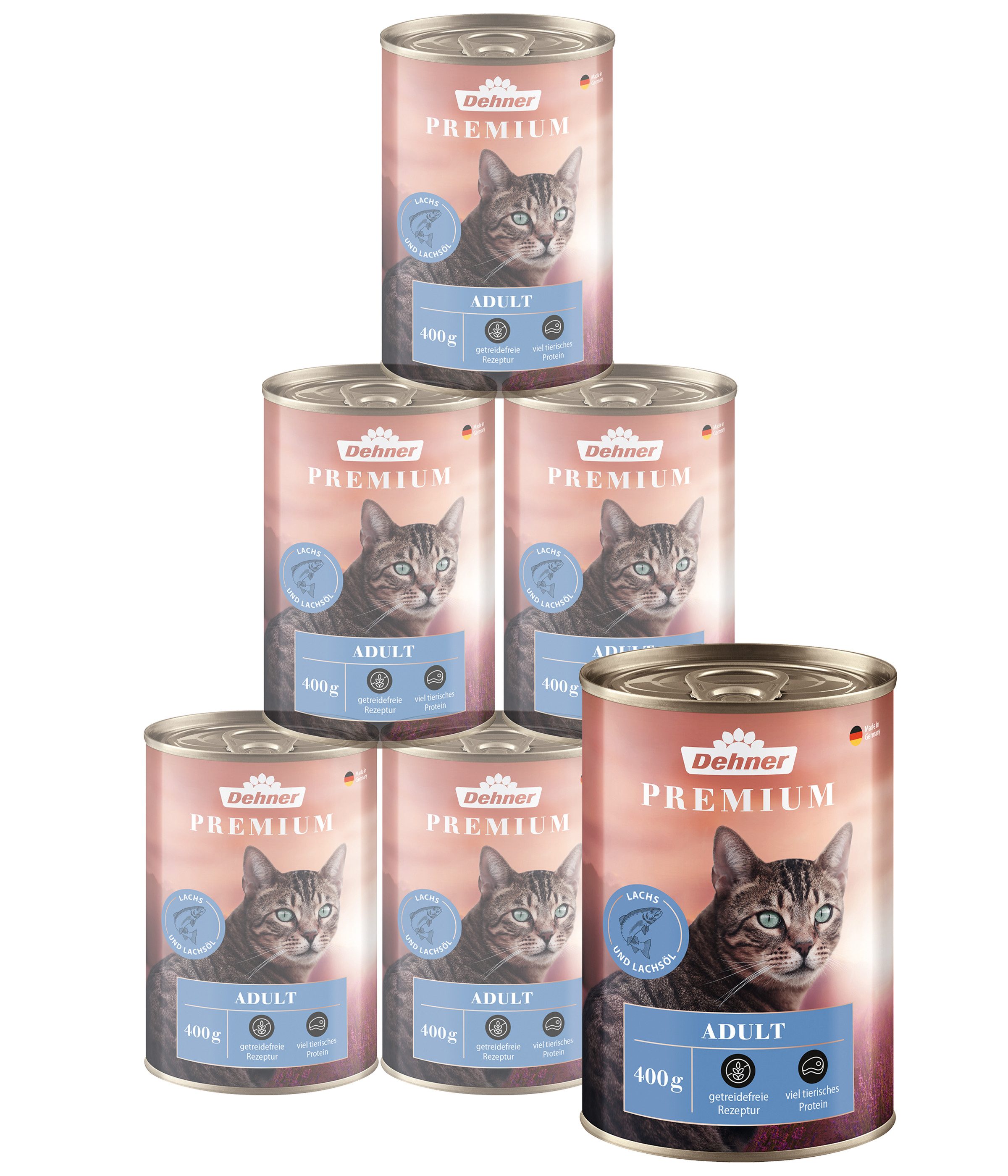 Dehner Premium Adult Geflügel, versch. Sorten, 6 x 400 g Dose (2.4 kg) Lachs, Nassfutter für: Katze, Nassfutter für ausgewachsene Katzen, getreidefrei