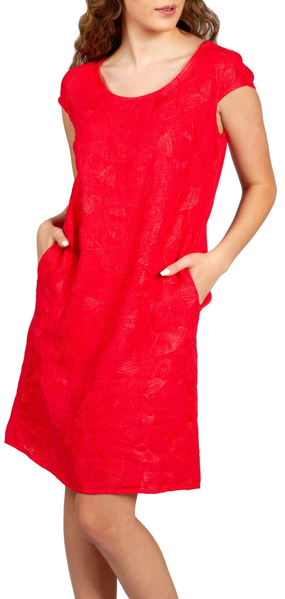 Caspar Sommerkleid SKL031 knielanges Damen Sommer Leinenkleid mit Ginko Blatt Stickmuster Luftig leicht, figurumspielende Form, mit seitlichem Jersey-Einsatz