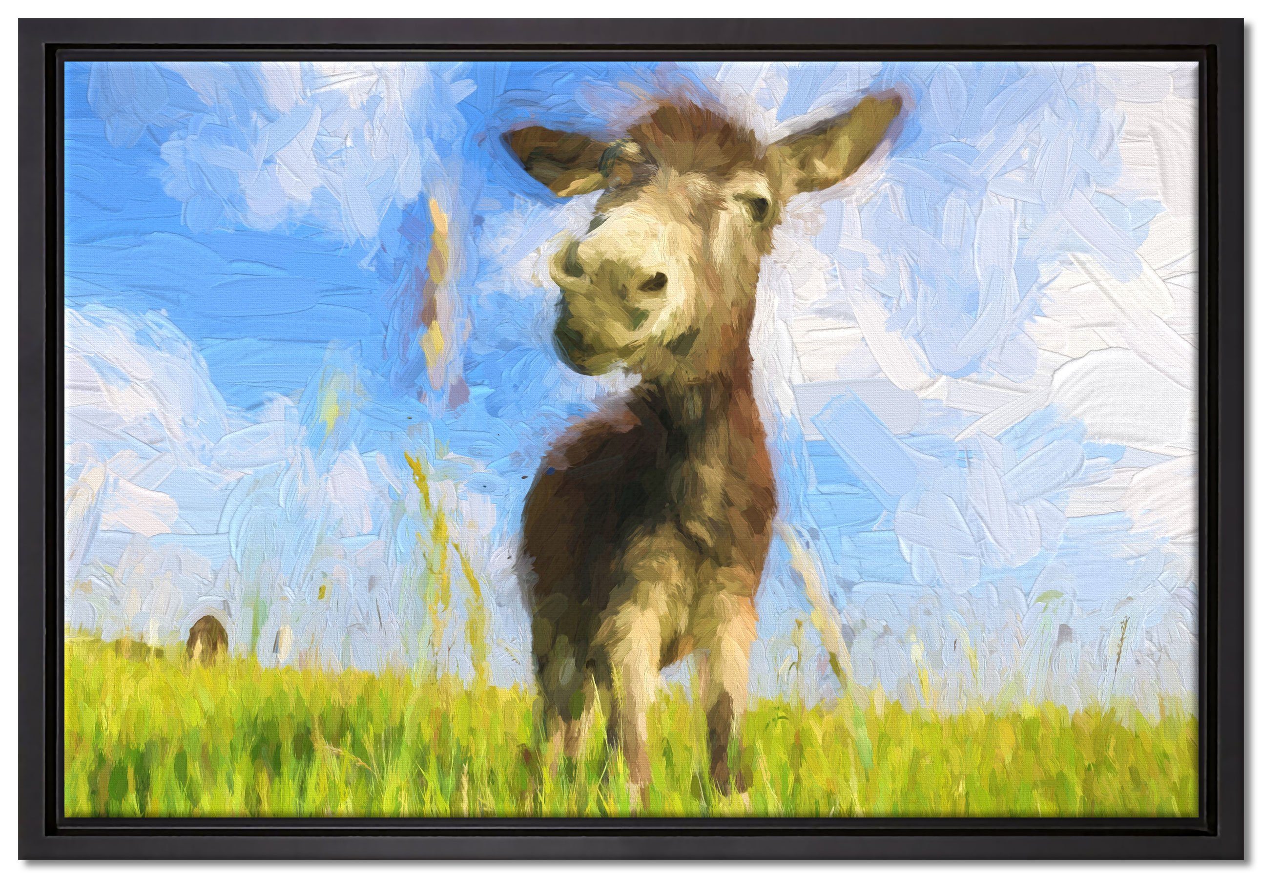 Pixxprint Leinwandbild Esel im Feld, Wanddekoration (1 St), Leinwandbild fertig bespannt, in einem Schattenfugen-Bilderrahmen gefasst, inkl. Zackenaufhänger