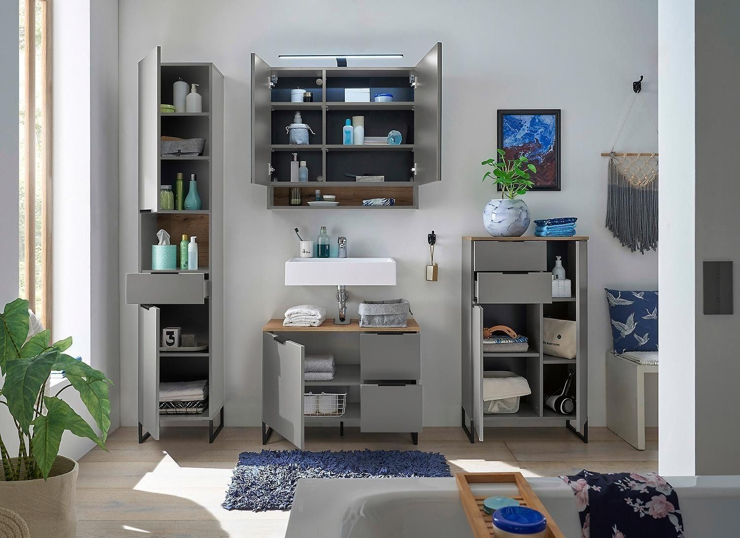 Bega Consult Spiegelschrank DENVER, 2 Spiegeltüren, Grau, mit LED-Aufsatzleuchte, B 80 x H 75 x T 22 cm