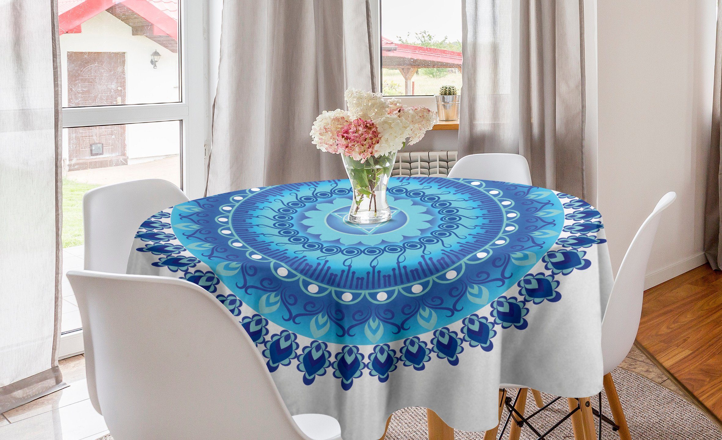 Abakuhaus Tischdecke Kreis Tischdecke Abdeckung für Esszimmer Küche Dekoration, Blauer Mandala Yoga Chakra