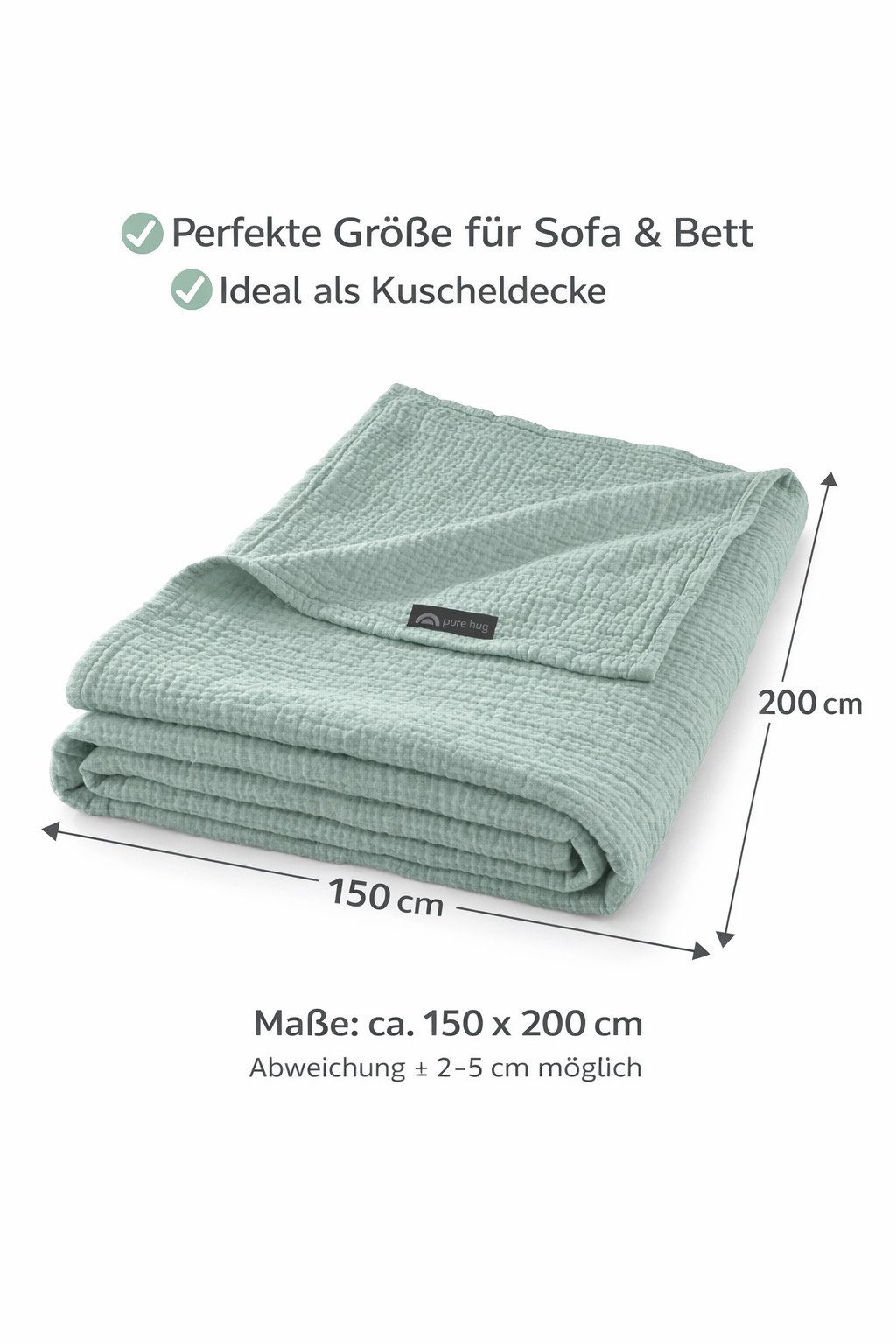 Wolldecke Set Musselin 150x200 Design Matcha Gruen, pure hug, Sommer Geschenke Idee Frauen Männer weich sale Reißverschluss Partner – Bild 2 von 5