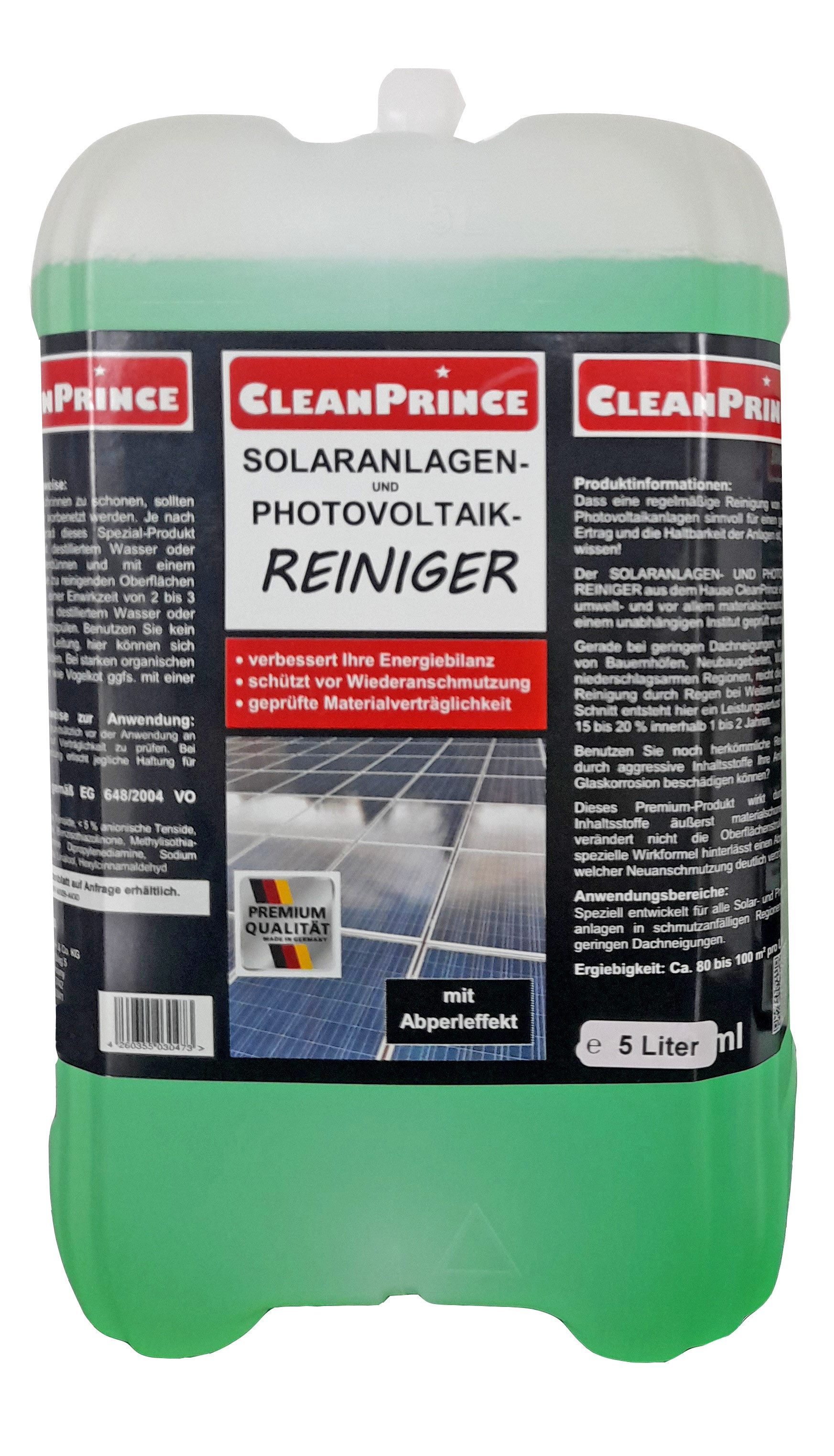 CleanPrince Solaranlagen - Reiniger Photovoltaikanlagen Reinigungsmittel Spezialwaschmittel (materialschonende Reinigung)
