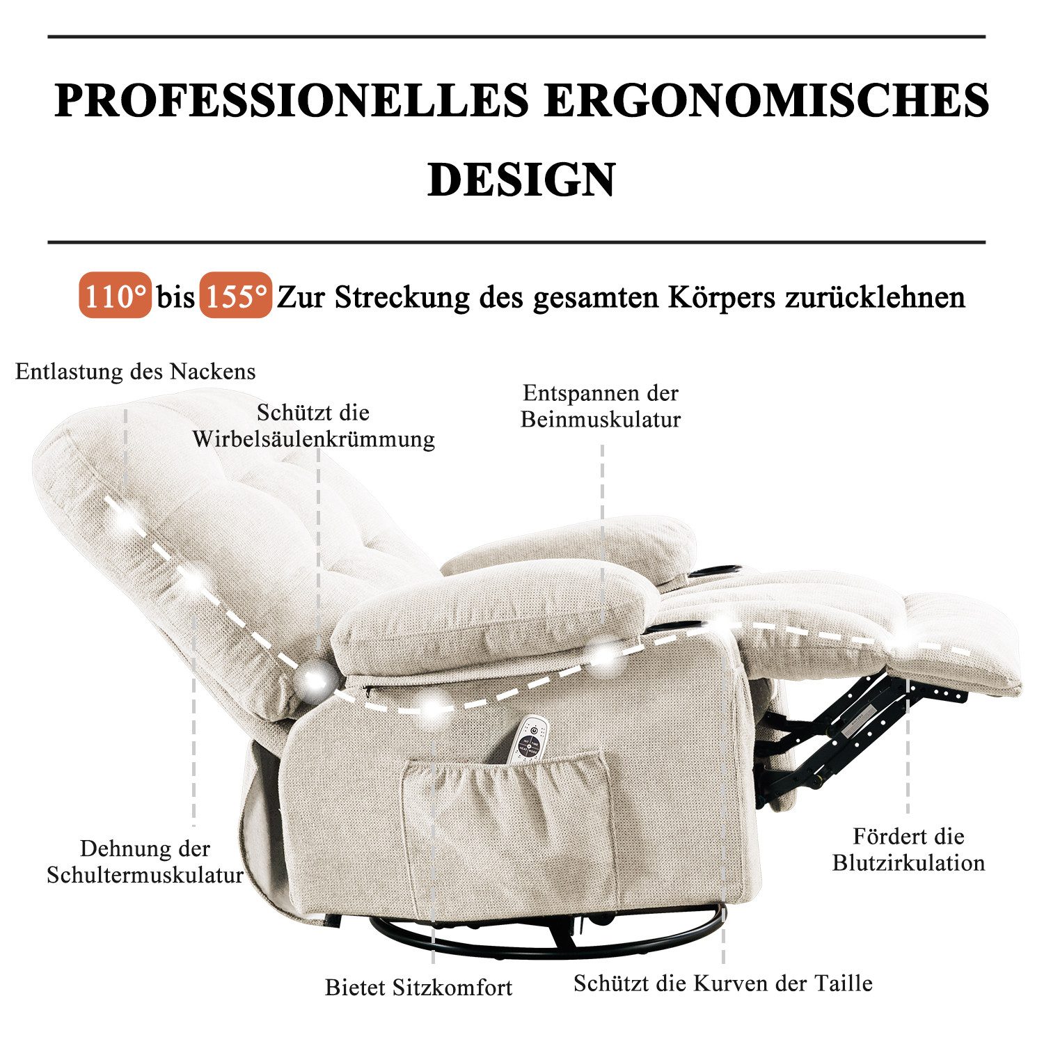 bosmiller Relaxsessel Elektrisch Fernsehsessel Verstellbar Massagesessel mit Liegefunktion (1-St), Ergonomisch Heizung Sessel mit Getränkehalter