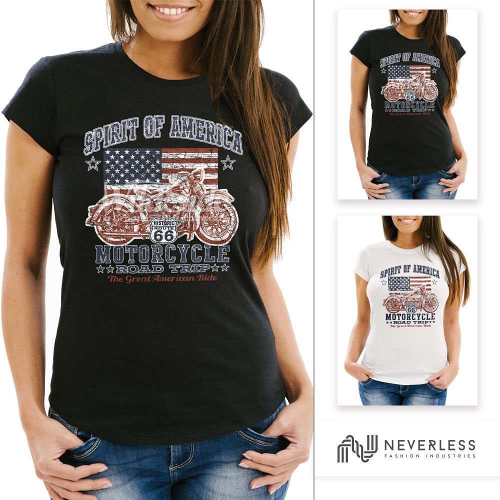 Print-Shirt Damen T-Shirt Biker Shirt Amerika Flagge Motorrad Motorbike Slim Fit