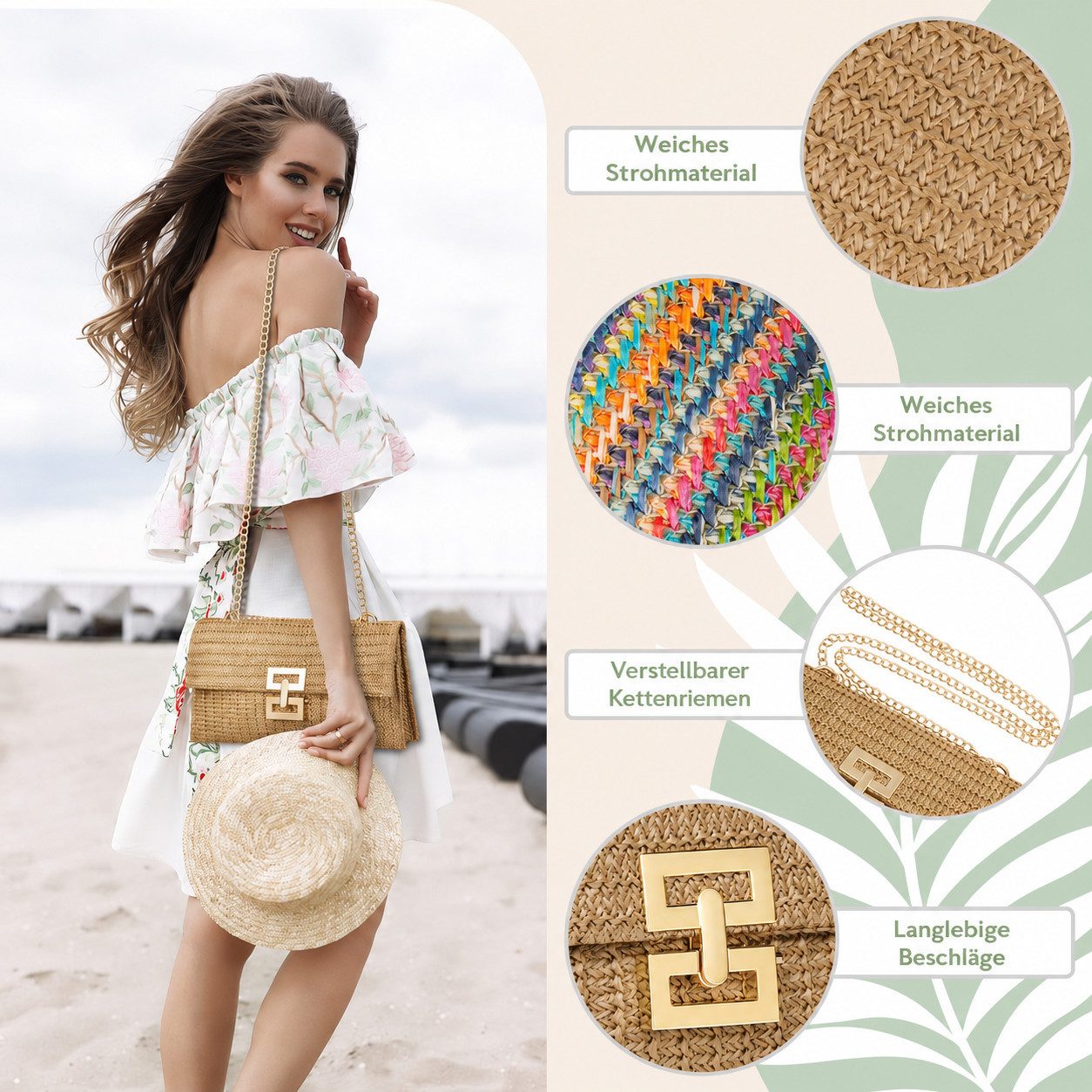 nsihing Umhängetasche Strohtasche Damen 2-in-1 Clutch & Umhängetasche Boho, Sommer Strand Tasche, Raffia, Leicht & Stilvoll – Bild 4 von 5