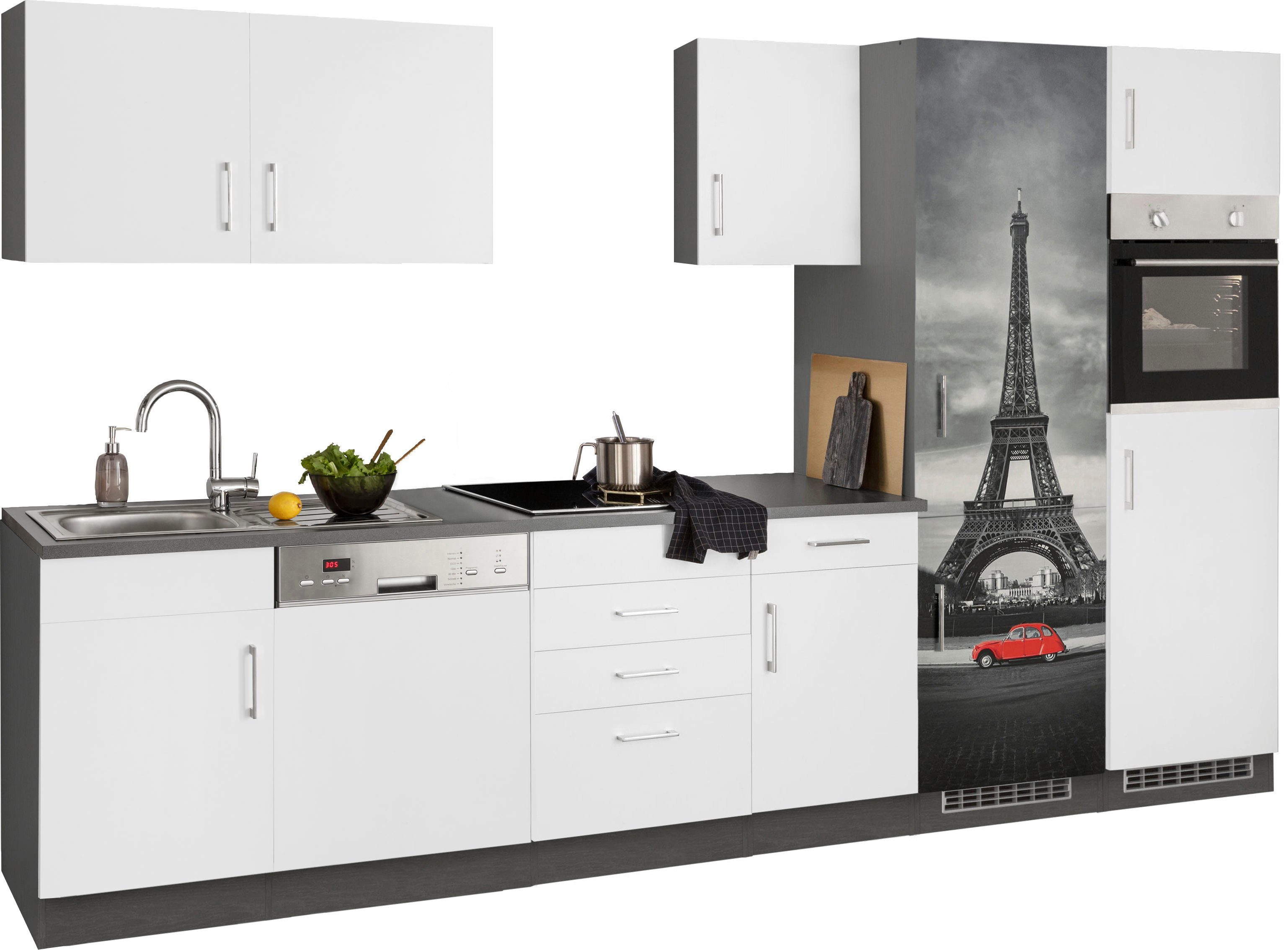 KOCHSTATION Küchenzeile KS-Paris – Küchen mit einzigartigen Fotomotiven auf den Fronten, Breite 340 cm, wahlweise mit E-Geräten und Induktion