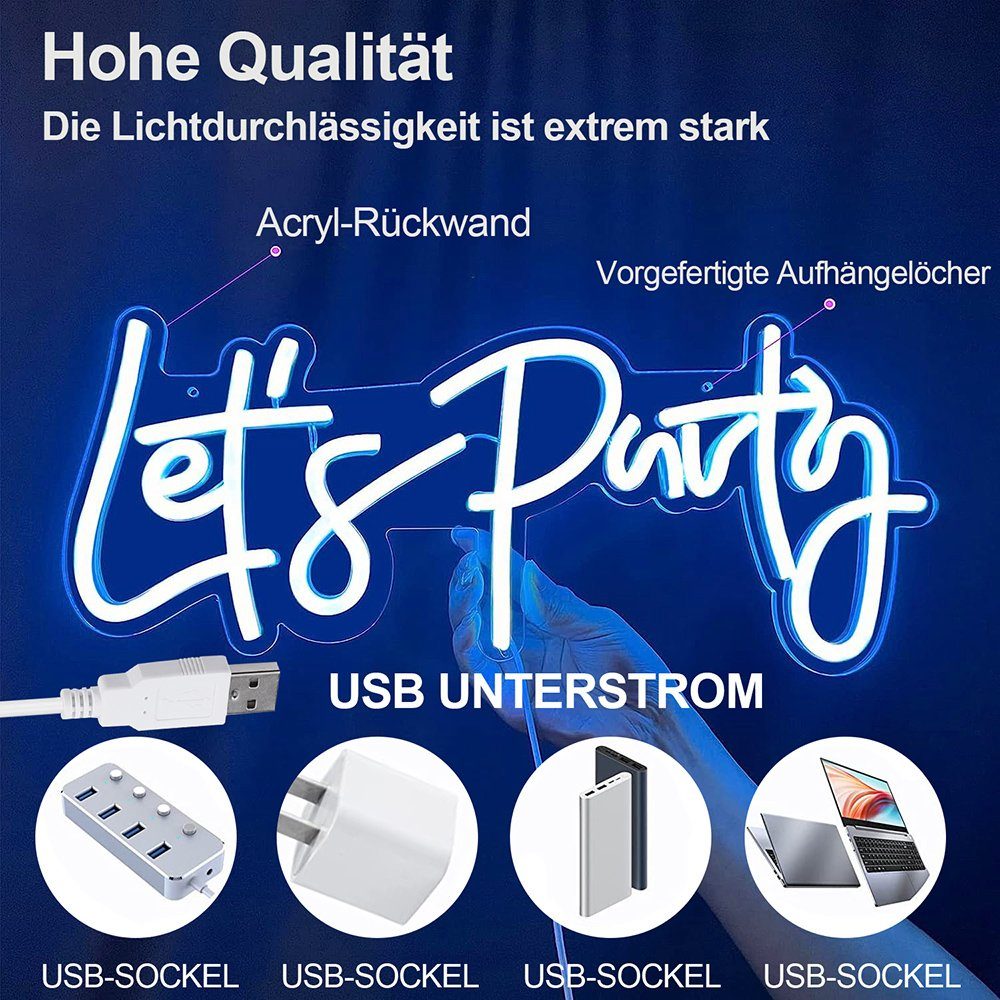 Rosnek LED Dekolicht Let's Party, Party für mit Blau Wanddeko Hochzeit, Schlafzimmer Geburtstag USB, Schalter, Neonlicht