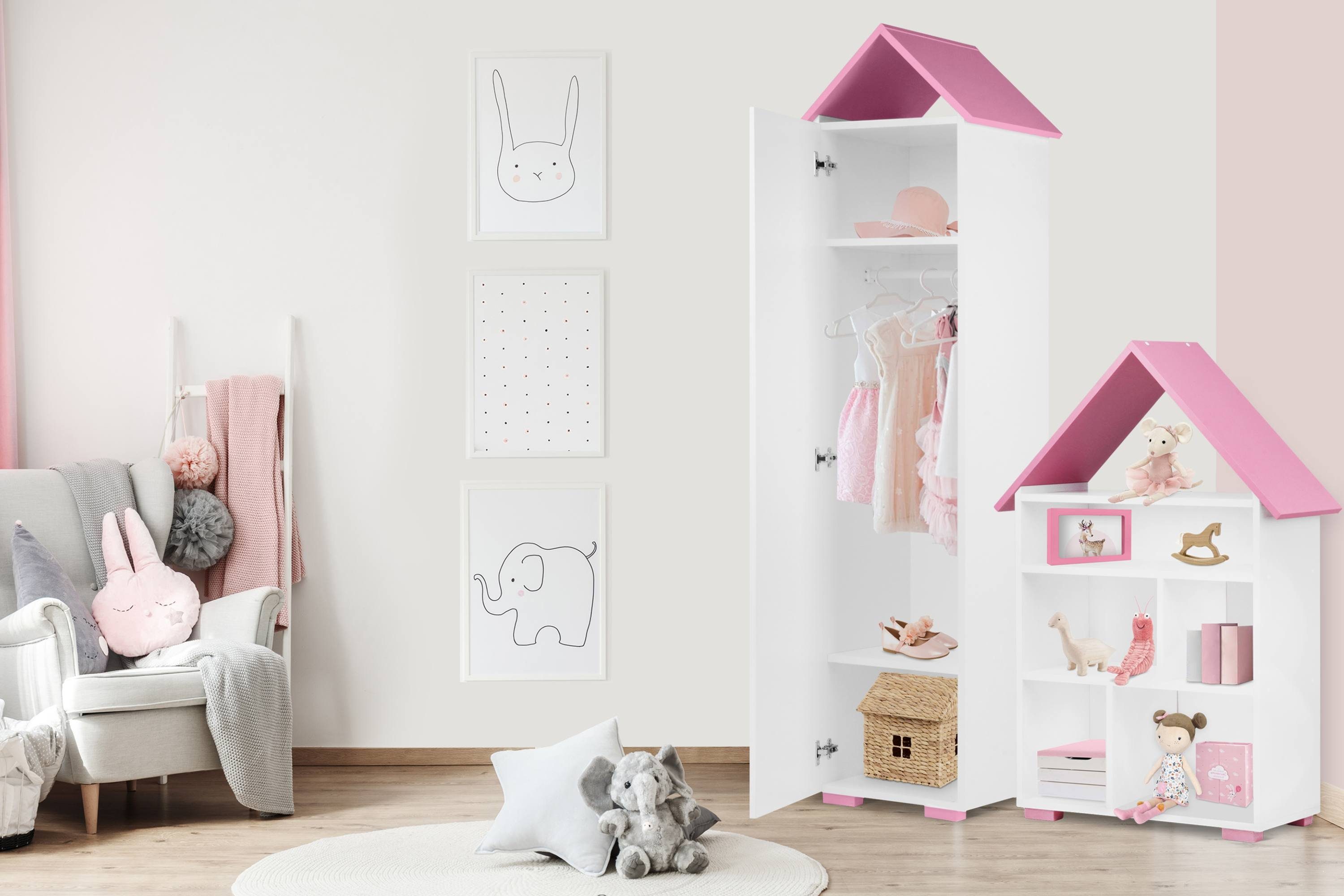 KONSIMO® Kinderkleiderschrank Kinder-Garderobe zu Kinderzimmer PABIS Kinderkleiderschrank mit Stange und Ablageflächen, ABS-Kanten