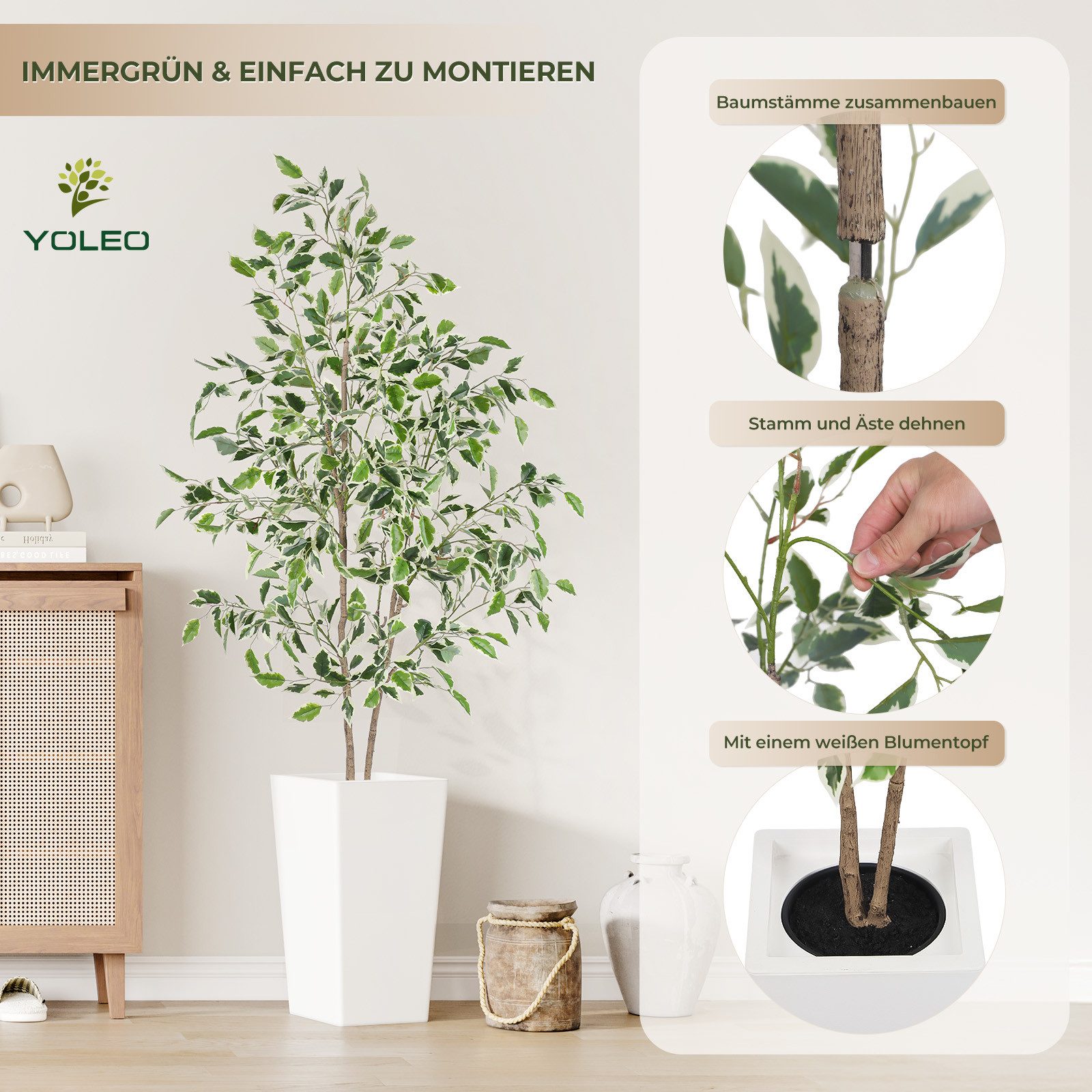Kunstpflanze Künstliche Pflanzen Dracaena/ Ficus/ Bambus/ Olivenbaum, YOLEO, Höhe 160 cm, Kunstbaum für Dekor, Höhe 120cm/150cm/160cm/180cm/210cm