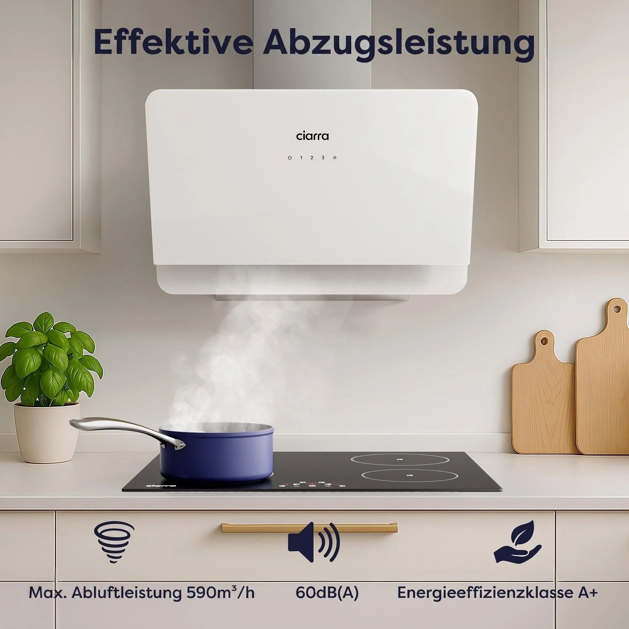 CIARRA Kopffreihaube 60cm Dunstabzugshaube A+ 590 m³/h SensorTouch Umluft & Abluft VM6765CS Leise Schräghaube aus Edelstahl Glas Aktivkohlefiltern, Fettfiltern – Bild 5 von 5