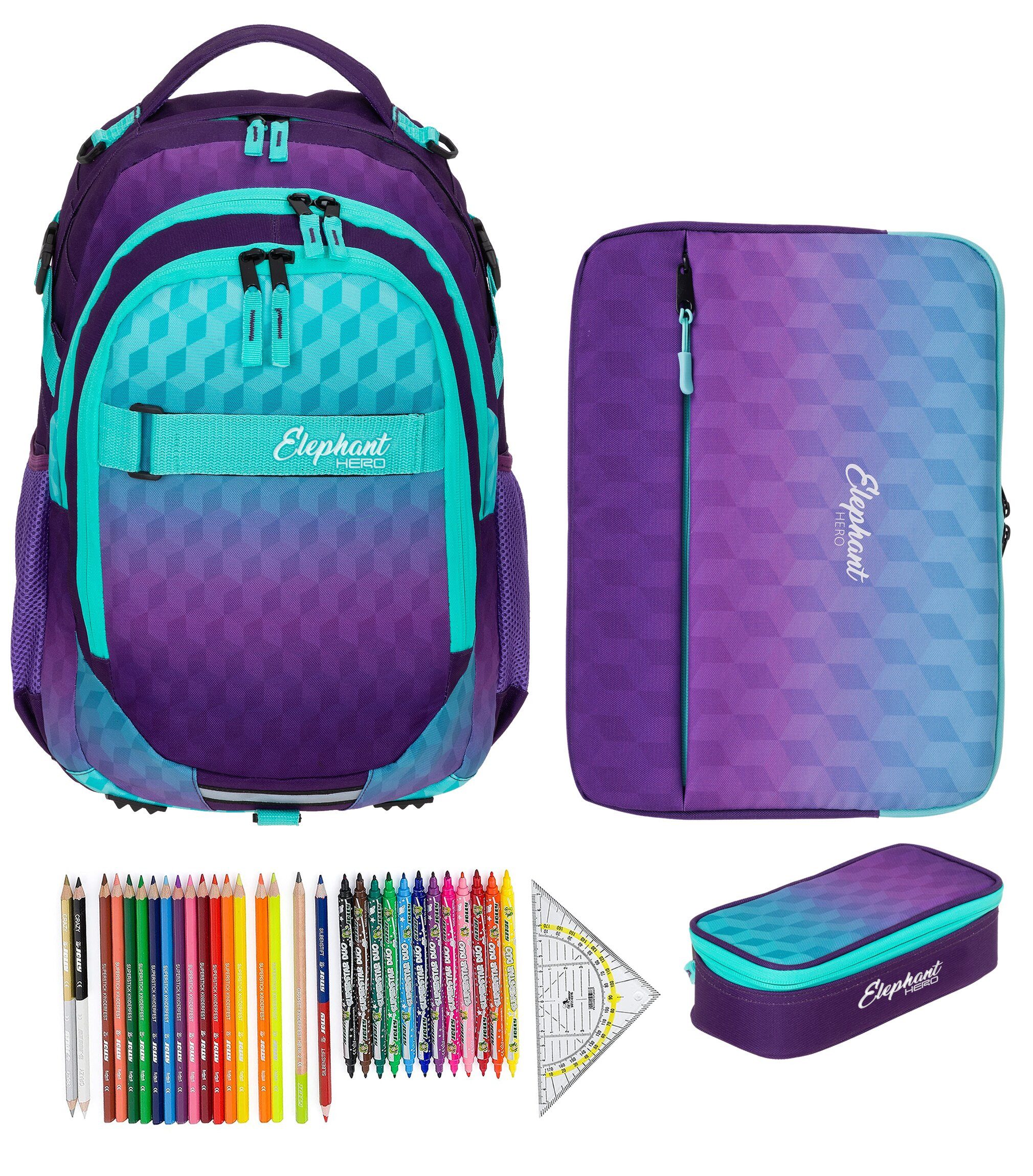 ELEPHANT Schulrucksack Hero Signature Schultasche Digital Ready Set (4 Teile Schulrucksackset, 4-tlg., inkl. Mäppchen Box + Laptop Hülle Sleeve + 31 Teile Stifte), Rucksack Schulmappe Jungen Mädchen +rmlv