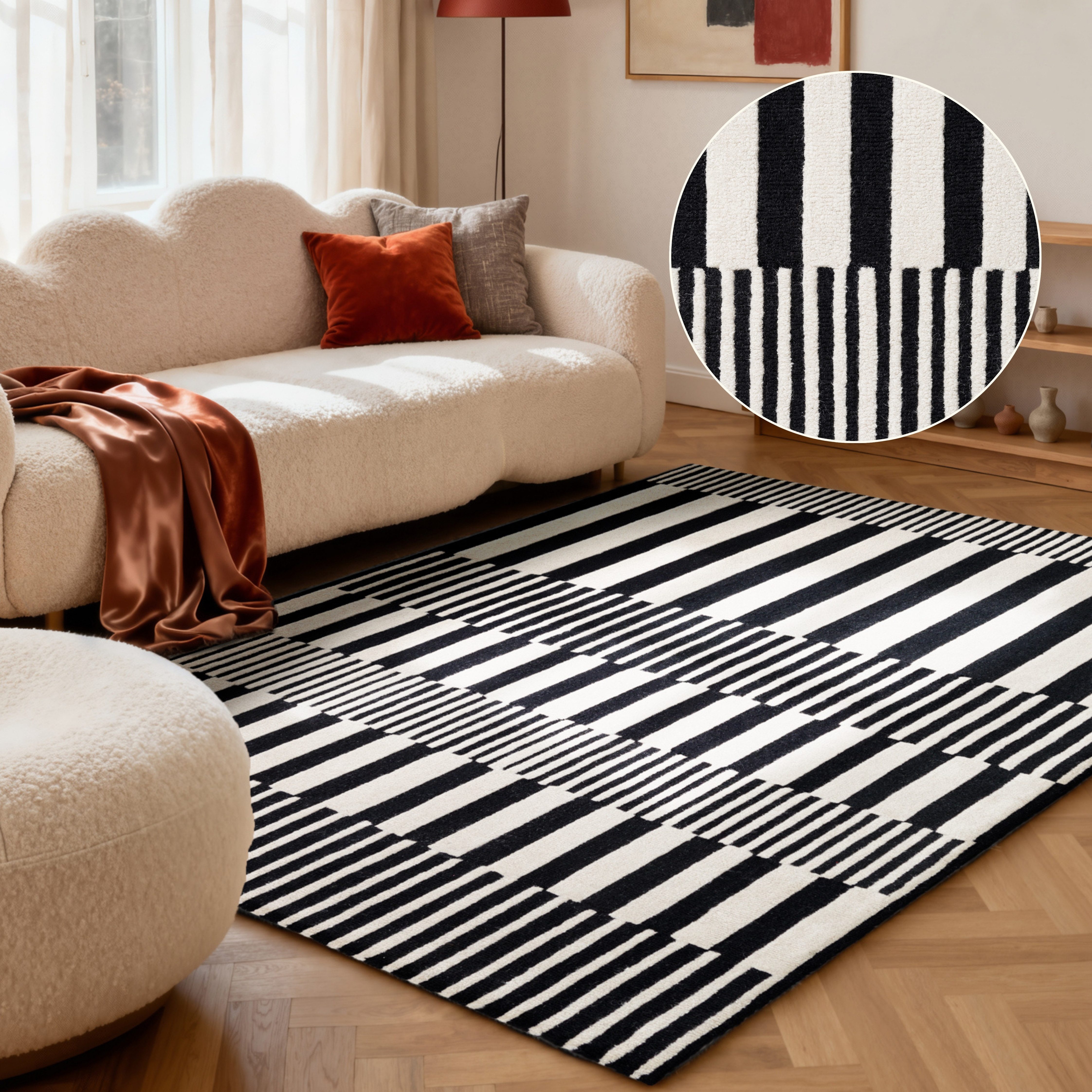 ELLE DECORATION Wollteppich Pulse, rechteckig, Höhe: 12 mm, Wolle, Natur, Wohnzimmer, schwarz weiss, Modern, Geometrisch, Streifen