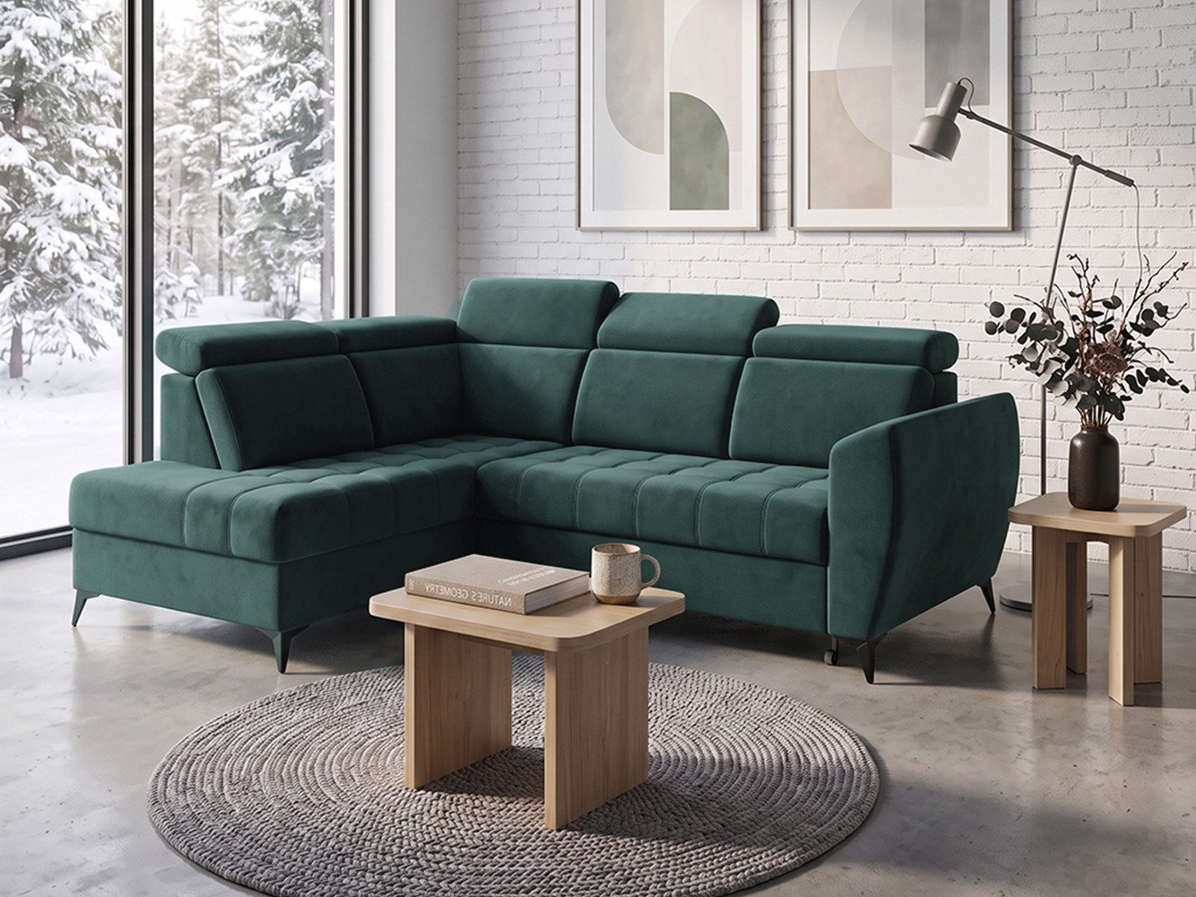 Beautysofa Ecksofa Aurora II – mit verstellbaren Kopfstützen, Schlaffunktion und praktischem Bettkasten, Delfin-Ausklappsystem