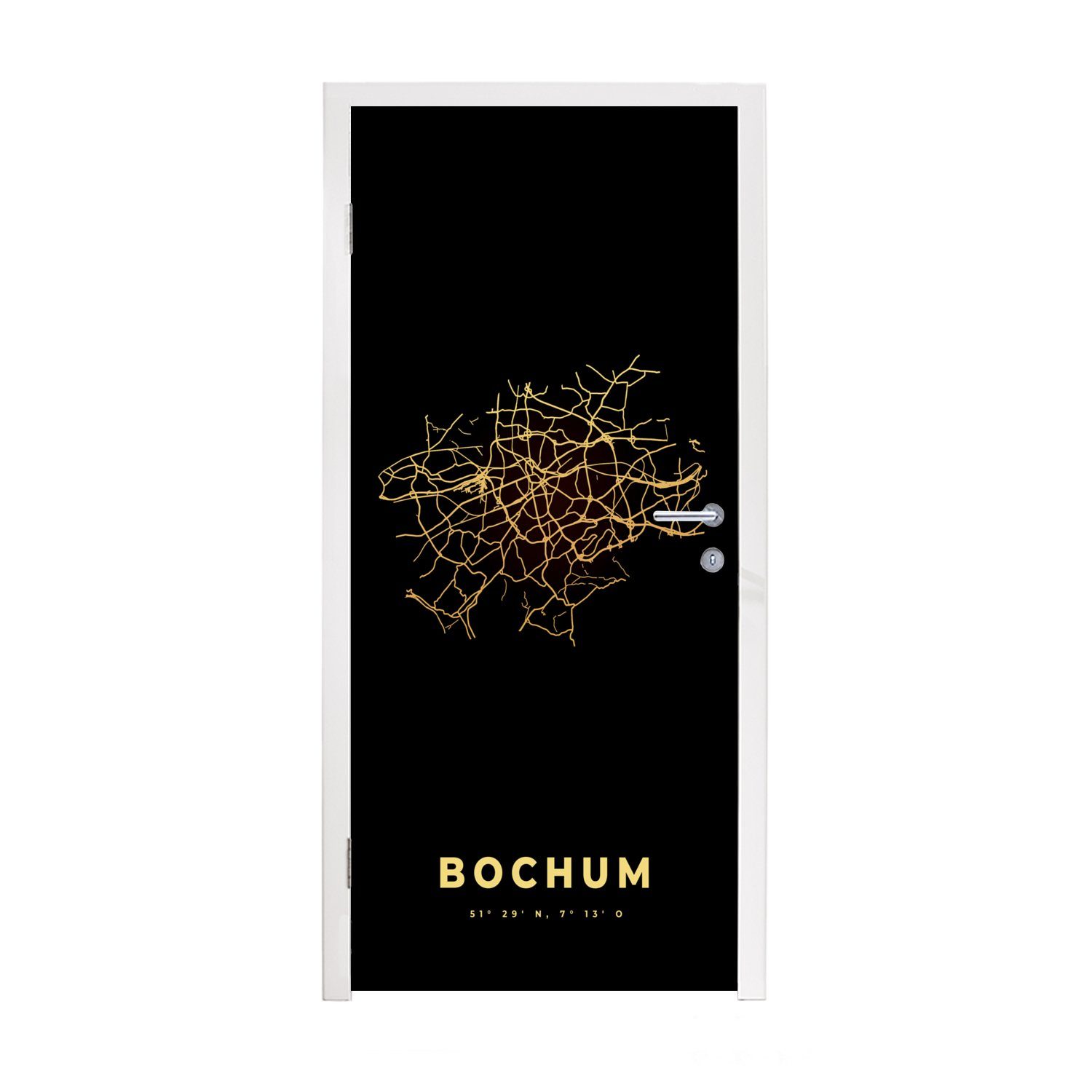 MuchoWow Türtapete Gold - Bochum - Karte - Stadtplan, Matt, bedruckt, (1 St), Fototapete für Tür, Türaufkleber, 75x205 cm