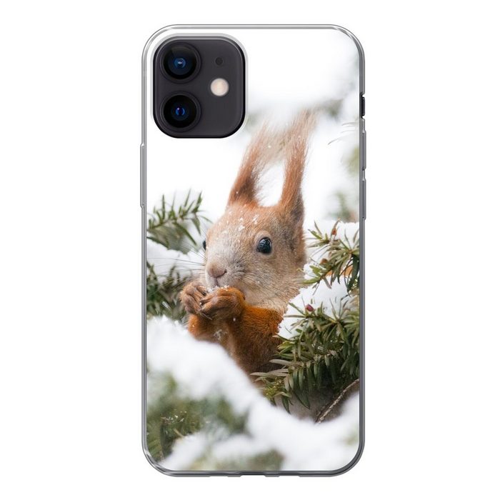 MuchoWow Handyhülle Eichhörnchen - Kiefer - Schnee Handyhülle Apple iPhone 12 Smartphone-Bumper Print Handy