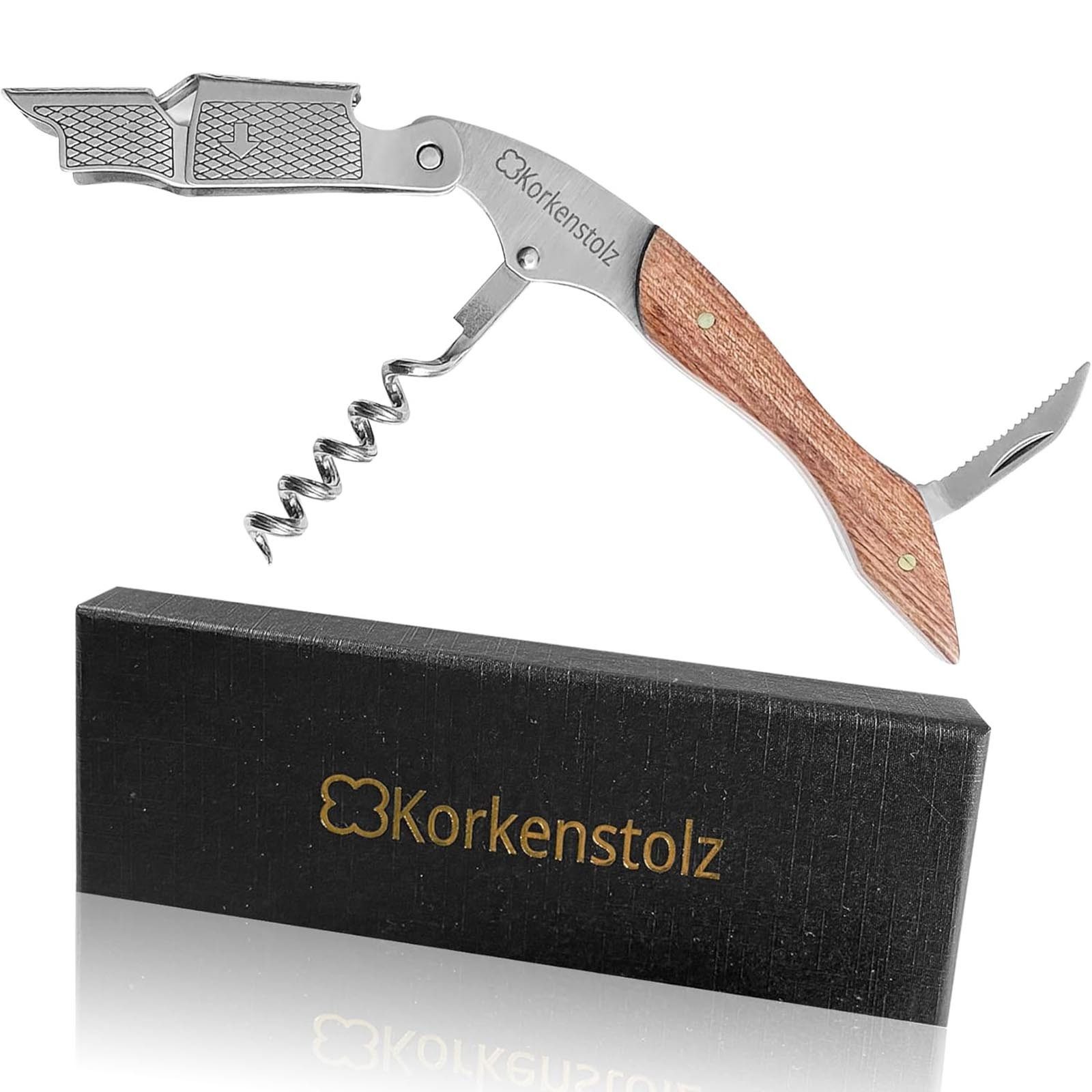 Korkenstolz Korkenzieher Flaschenöffner Edelstahl Kellnermesser Sommeliermesser Weinöffner, (1 tlg), mit Holzgriff