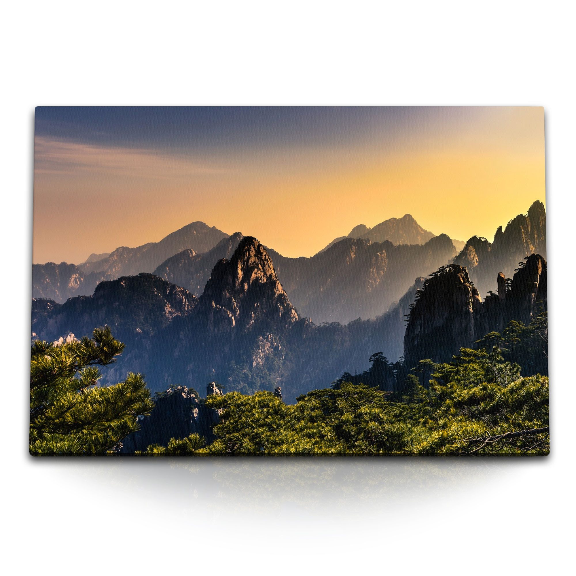 Leinwandbild 120x80cm Wandbild auf Leinwand Huang Shan Gebirge China Berge Sonnenun