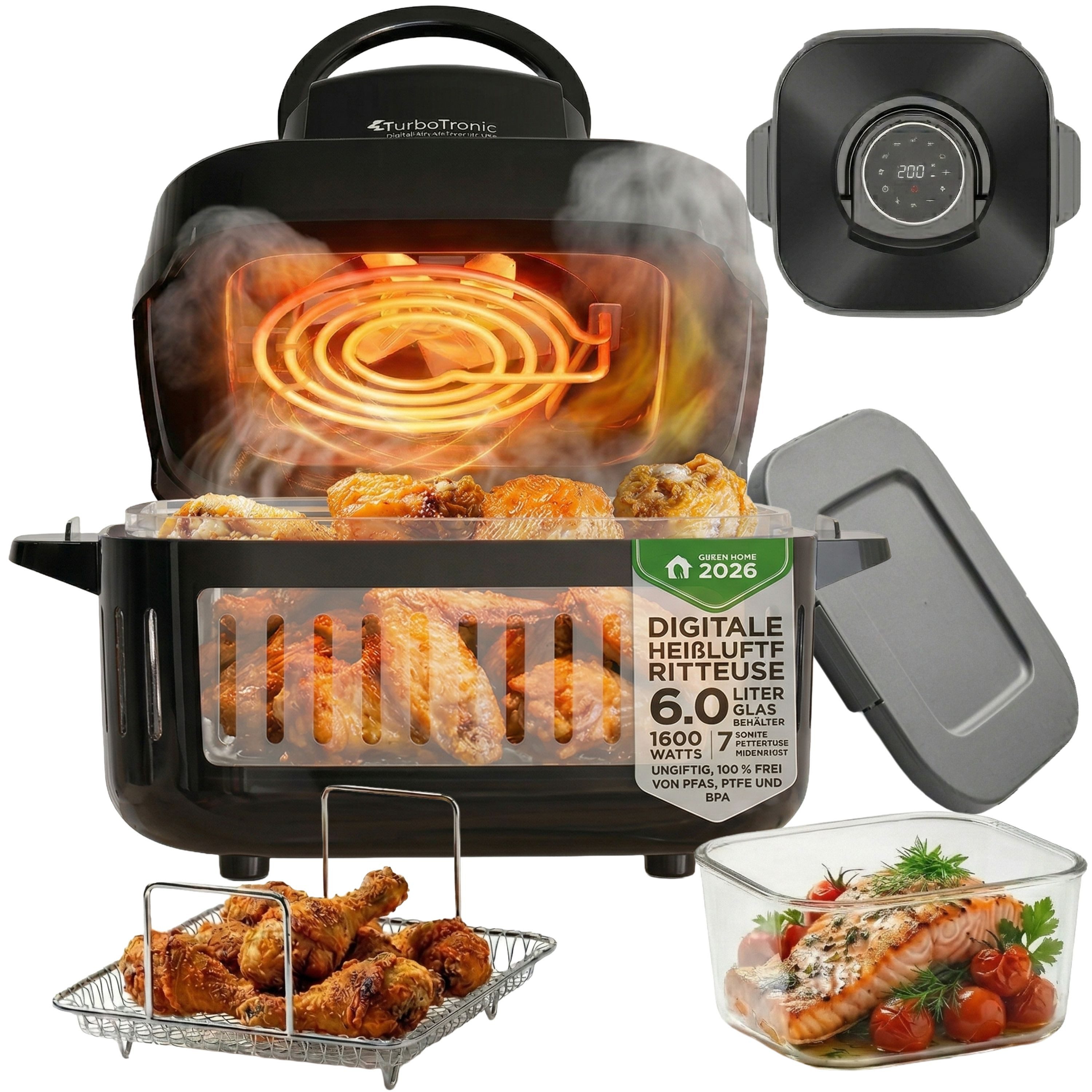 TurboTronic by Z-Line Heißluftfritteuse 1600 W Glas digitaler Airfryer Heißluftofen BPA-frei gesund kochen, 1600 W, Dörrer Grill ohne Öl Fett Power Glass Bowl