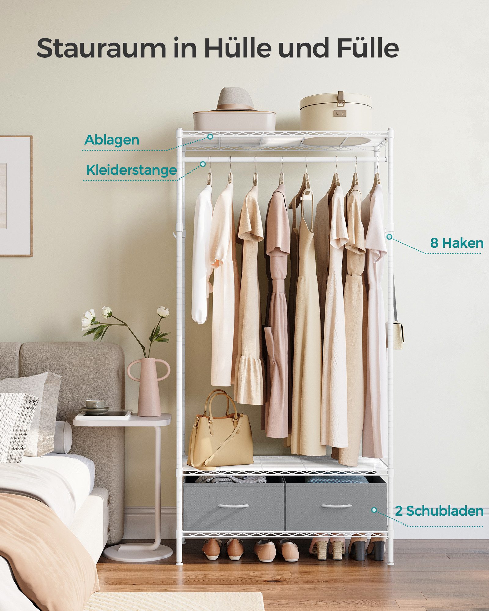 SONGMICS Kleiderständer offener Kleiderschrank, Garderobe mit Gitterablagen, (Garderobenständer mit 2 Schubladen mit Kleiderstange), mit 2 Schubladen und Kleiderstange, freistehend