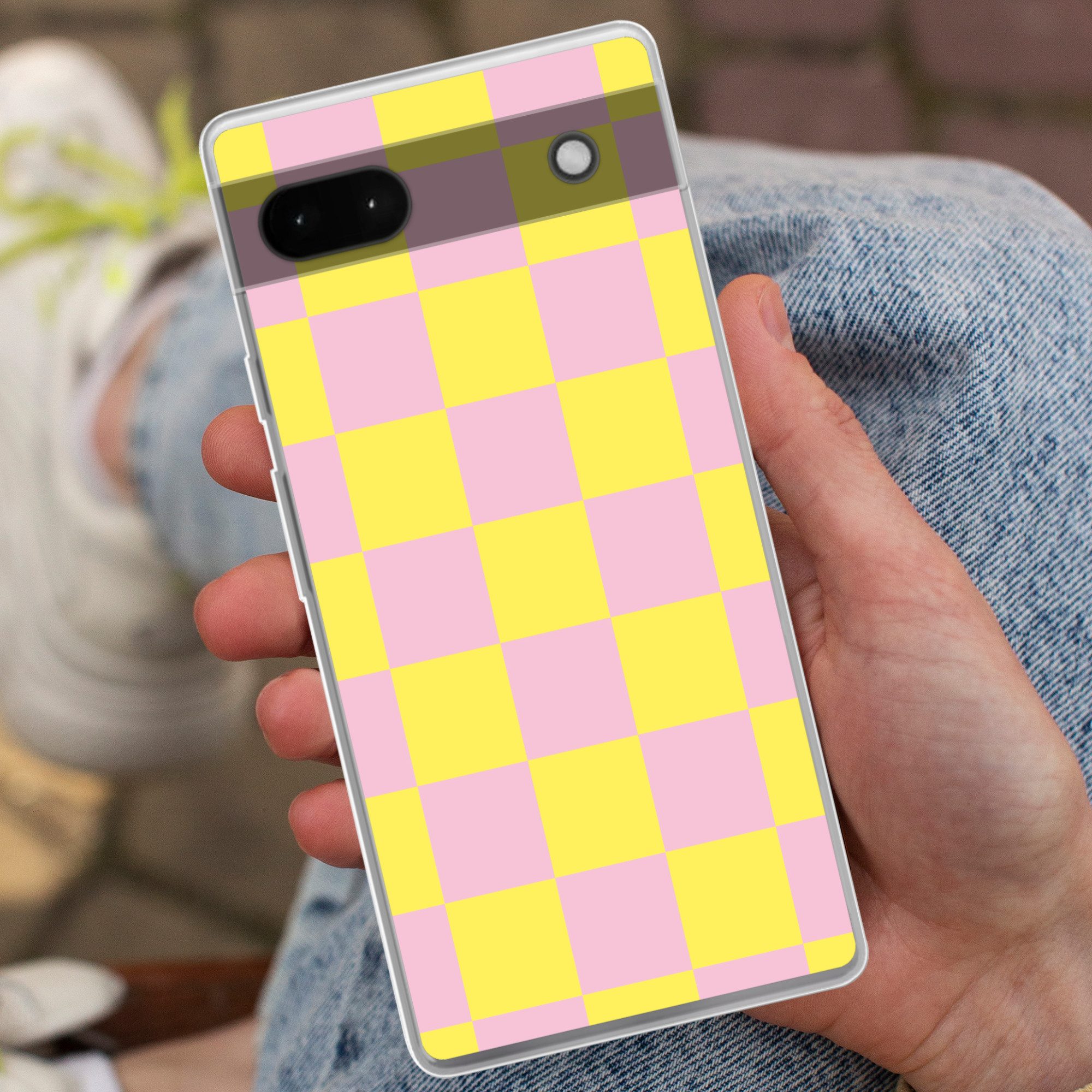 MuchoWow Handyhülle für Google Pixel 6a Schachbrettmuster - Gelb - Rosa - Würfel, Phone Case, Silikon, Schutzhülle Dünn