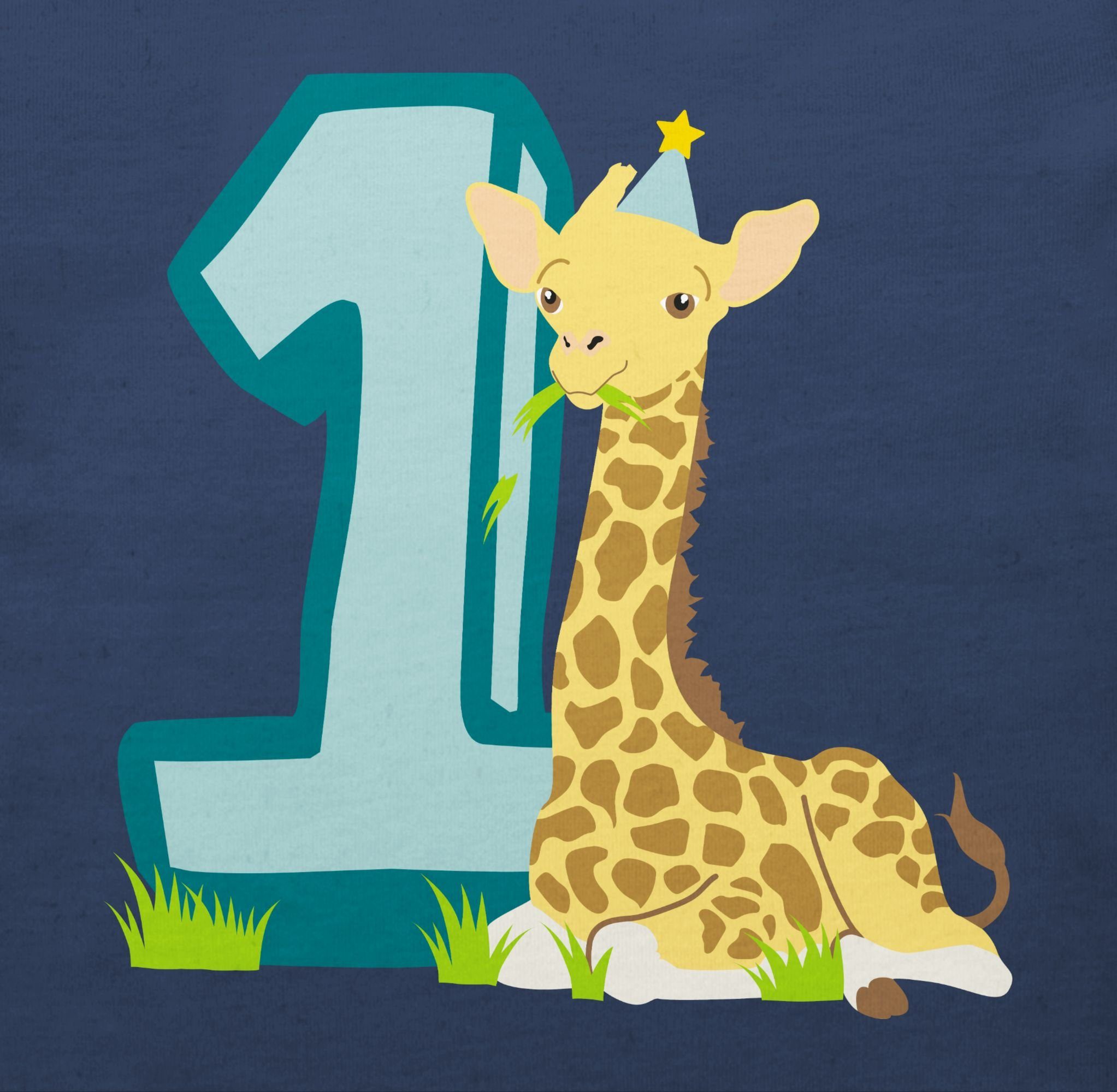 Geburtstag 1 T-Shirt 1. Giraffe Eins Navy Shirtracer Blau