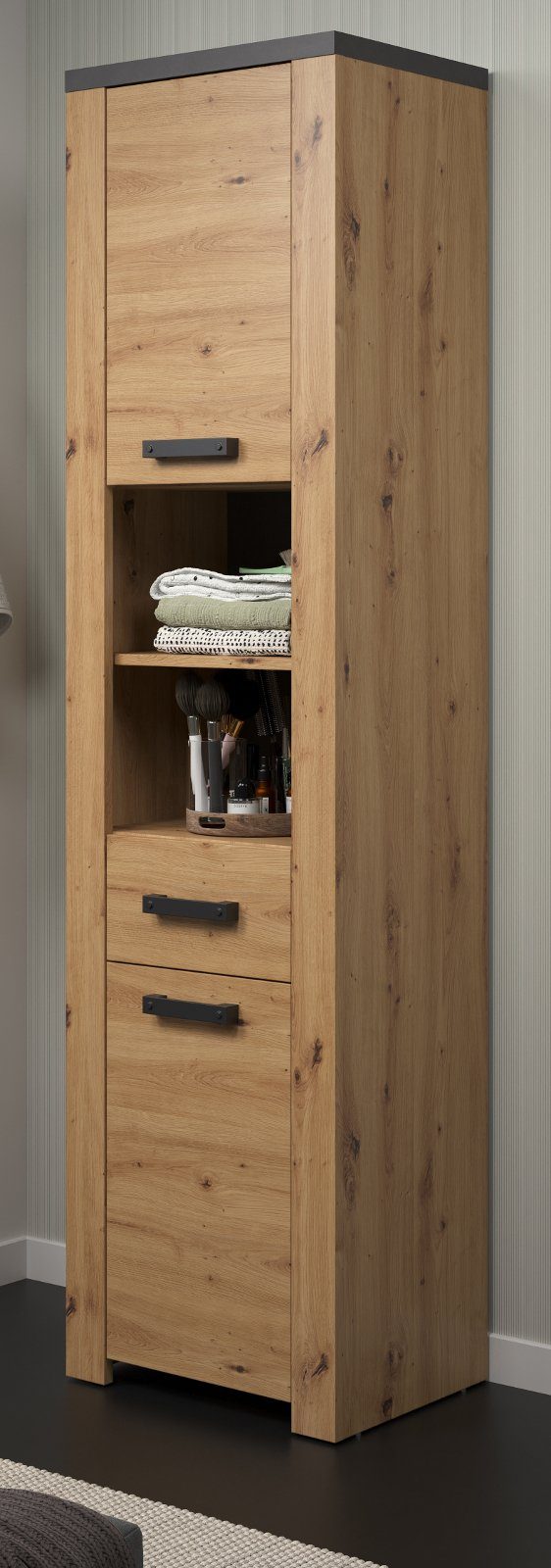 Inn.Furn Hochschrank Jorik (Badschrank in Eiche Artisan mit Grau, 2-türig, 53 x 196 cm) 6 Fächer und Vollauszug-Schubkasten