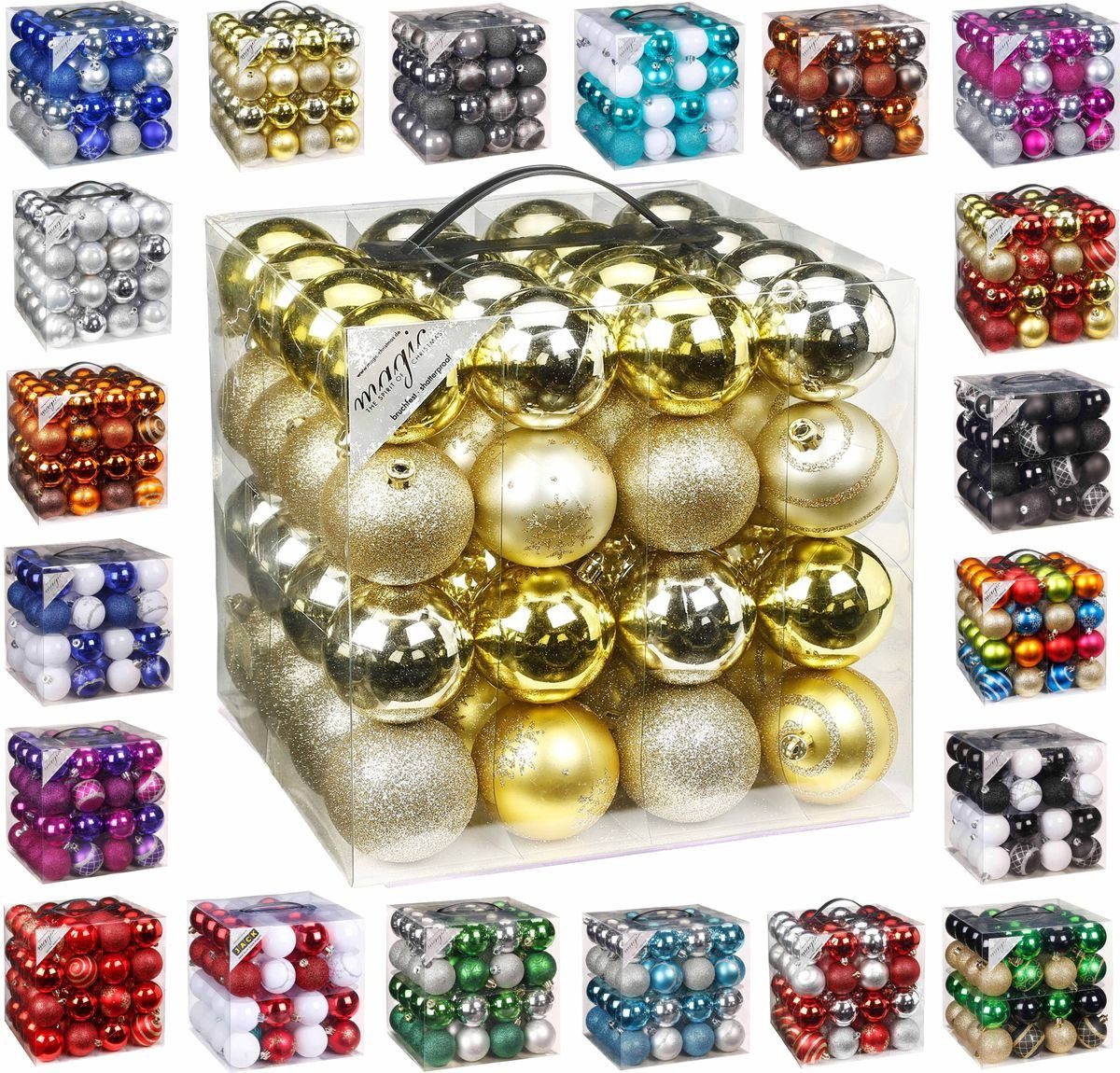 JACK Christbaumschmuck 64x Kunststoff Christbaumkugeln Ø 6cm Baum Kugeln inkl. Aufhänger, Mit praktischer Aufbewahrungsbox, Optik: matt / glänzend / glitzernd