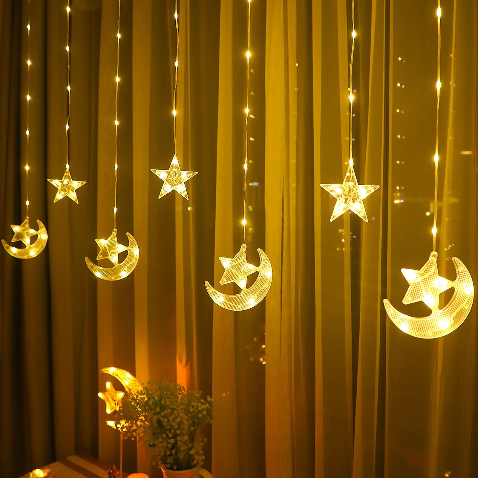 Rosnek LED-Lichtervorhang 2.3M, Mond Weihnachten, batterie, Schlafzimmer Warmweiß Camping Party Ramadan mit für Stern, Zelt