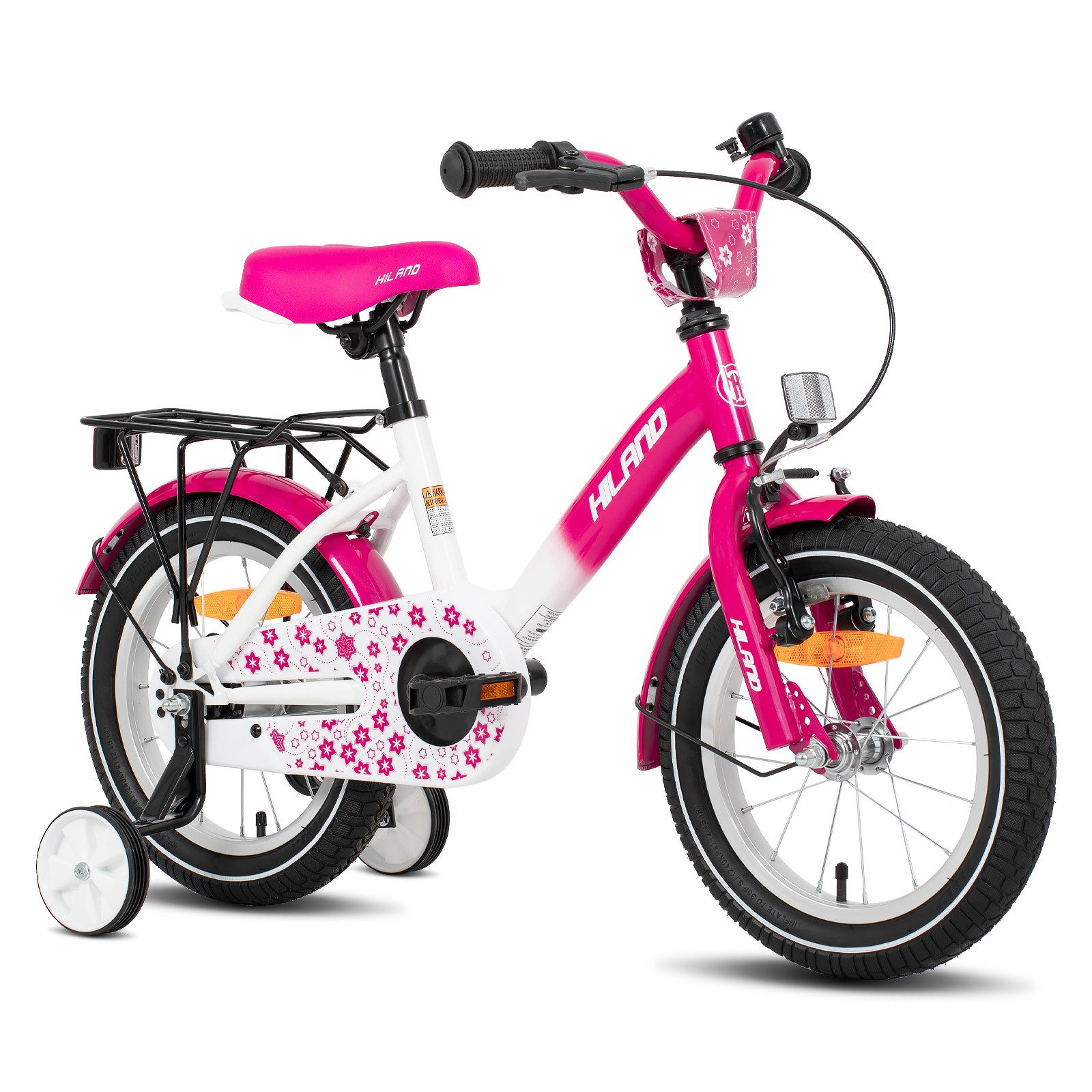 HILAND Kinderfahrrad Starry 12/14/16 Zoll Mädchenfahrrad, 1 Gang, Mit Handbremse, Rücktrittbremse, Gepäckträger, Kotflügel, Hilfsrad
