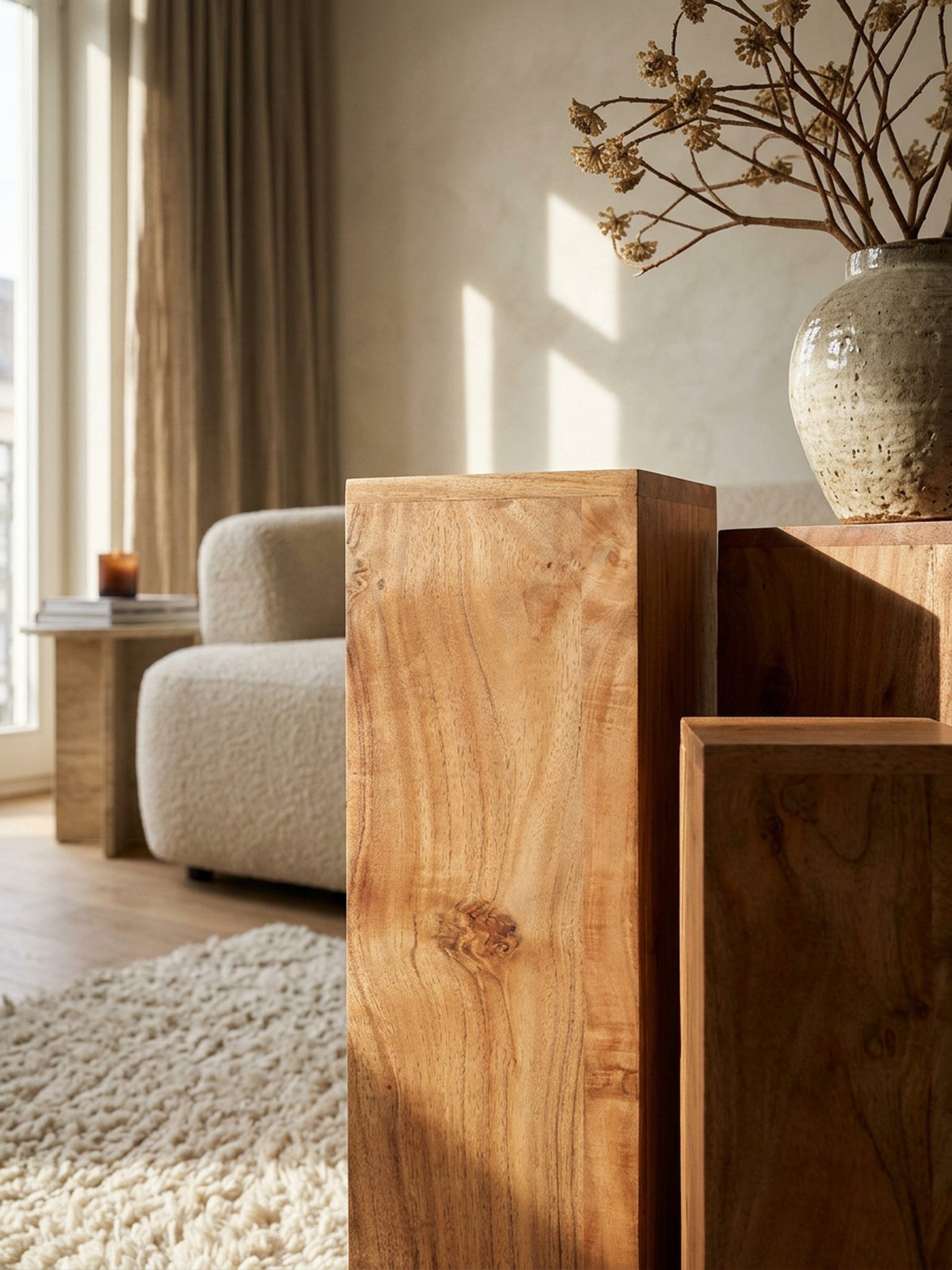KADIMA DESIGN Satztisch Beistelltisch 3er Set Akazie Massivholz Satztisch Quadratisch Modern, (Wohnzimmer, Pflanzenhocker Blumenhocker Dekosäule), Säulentisch P – Bild 5 von 5