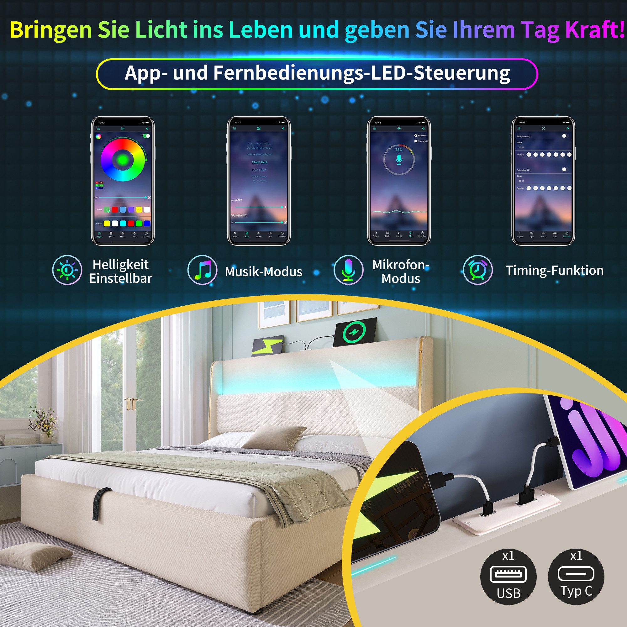 TavilaEcon Polsterbett 180×200cm & weitere Größen mit Bettkasten und hohem Kopfteil (1-tlg), Doppelbett mit hydraulischer Liftfunktion, USB/Type-C, 180×200, Bei – Bild 5 von 5
