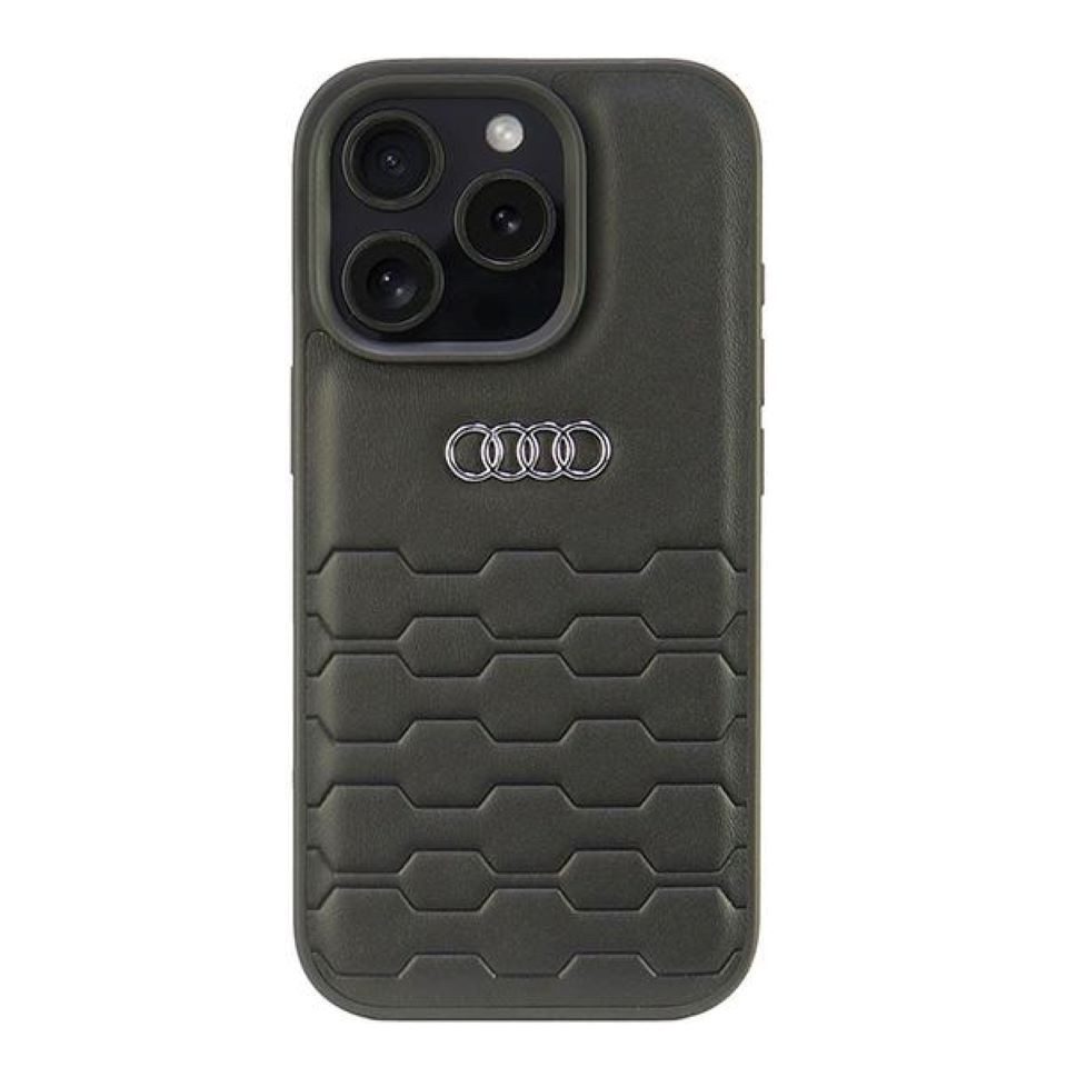 Audi Handyhülle iPhone 16 Pro Kunstleder schwarz Logo Metall 6,3 Zoll, Kantenschutz