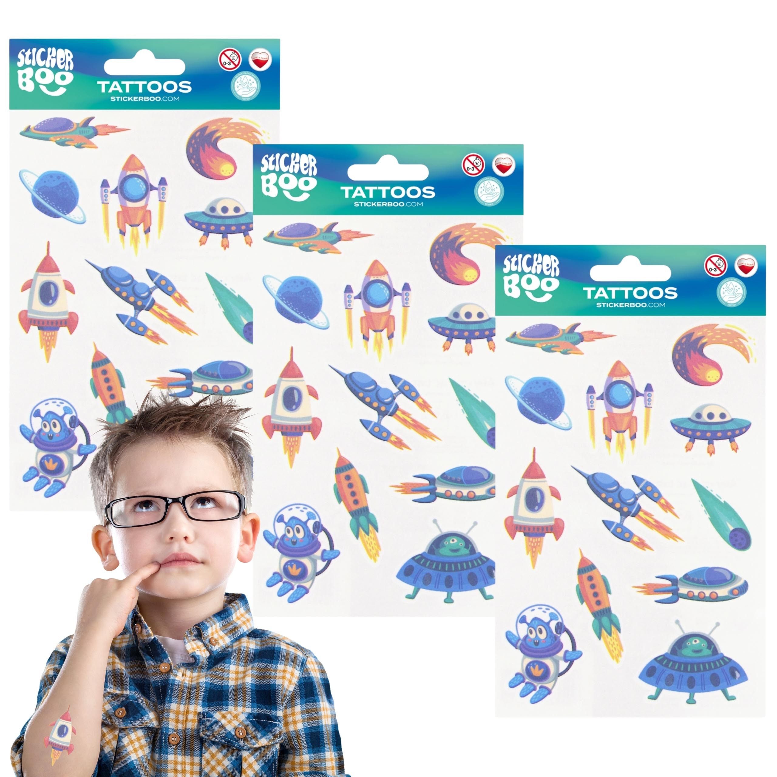 Sarcia.eu Stickerbuch Weltraum Kinder-Tattoo-Set, abwaschbare Kinder-Tattoos x3