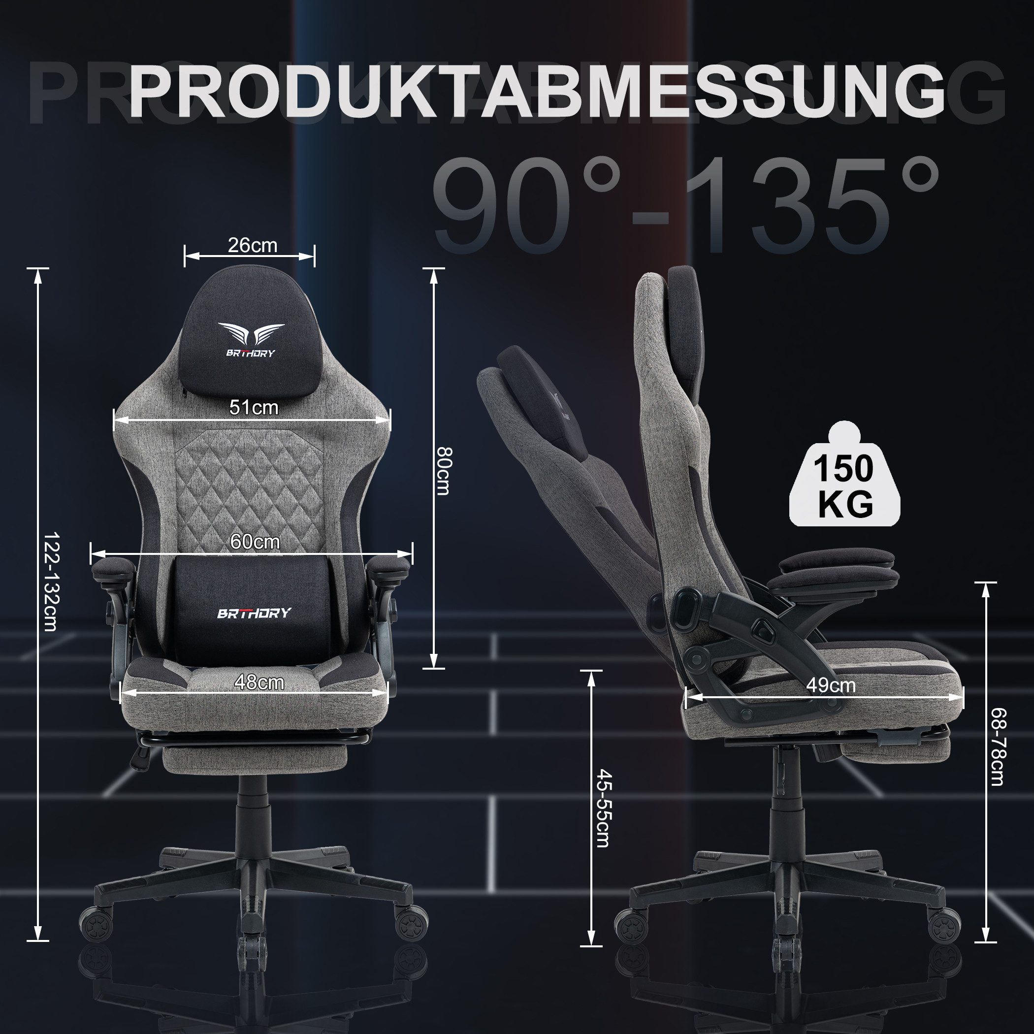 BRTHORY Gaming-Stuhl Rmit Verstellbare Kopfstütze Wippfunktion, 135°, Schwa günstig online kaufen