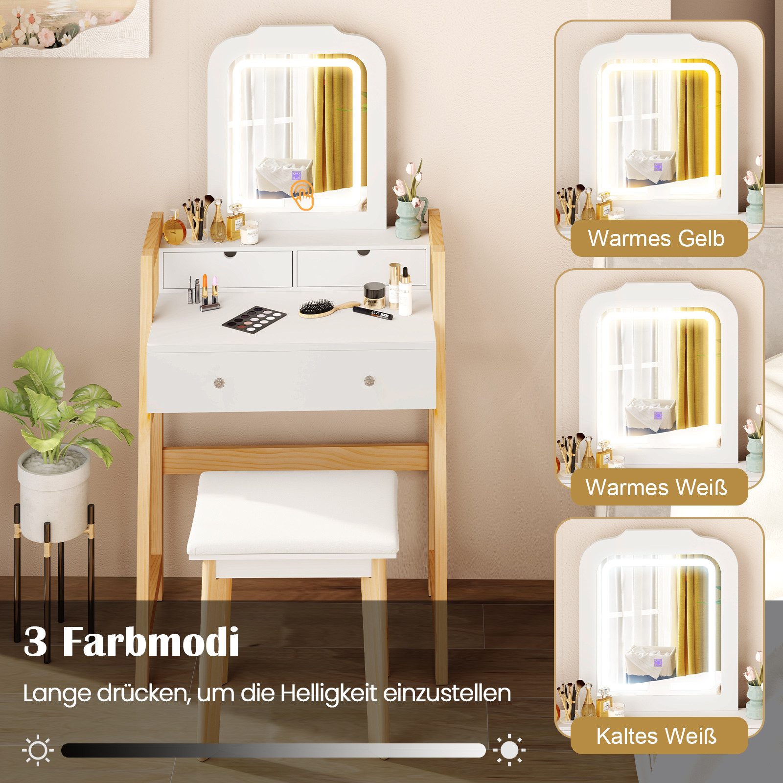 COSTWAY Schminktisch mit Hocker und LED, 3 Schubladen, höhenverstellbar, weiß