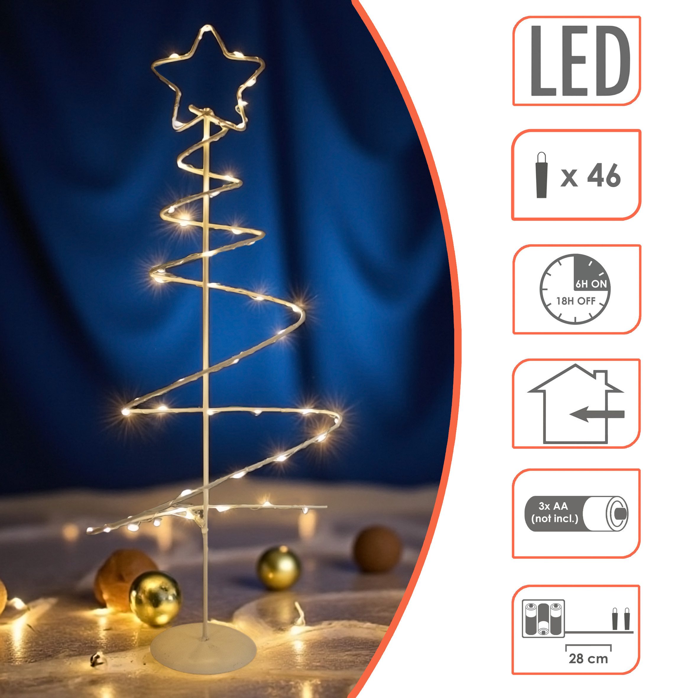Spetebo LED Baum Spiral Aufsteller 46 LED aus Metall, Timer Funktion (6 Stunden AN / 18 Stunden AUS), LED fest integriert, warm weiß, AN / AUS / Timer Schalter am Batteriefach