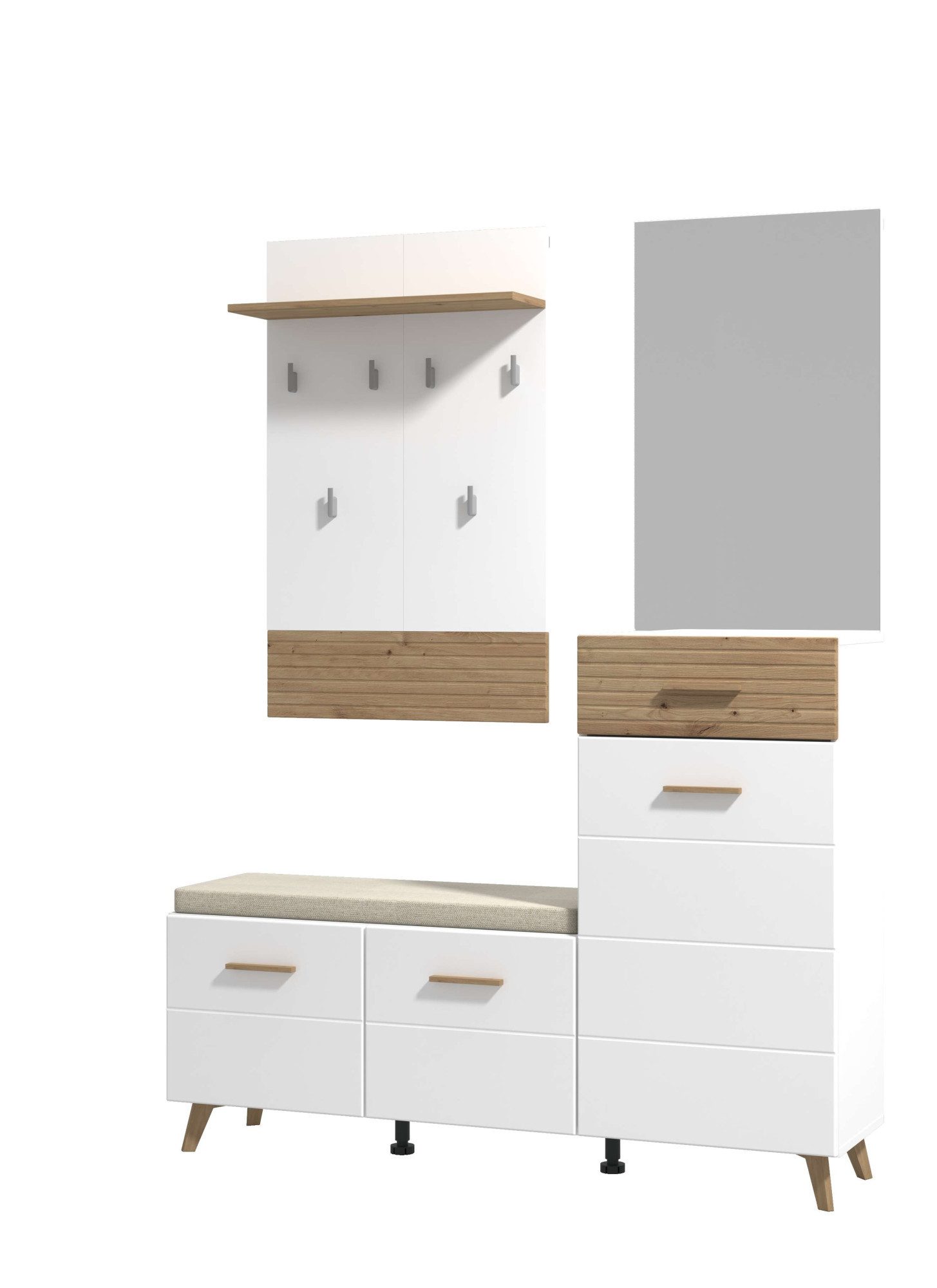 Home affaire Garderoben-Set Sein Kompaktgarderobe, Flurgarderobe, Dielenschrank, Hochglanzfronten, (Komplett-Set, 4-St), mit Schuhschrank, Sitzbank, Garderobenpaneel und Spiegel