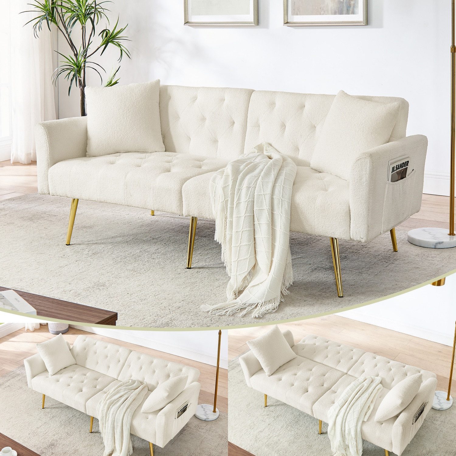 ANYSUN 2-Sitzer Zweisitzer-Sofa, Moderner Teddyfell-Bouclé sofa, 3-stufige verstellbare Rückenlehne,2 beigelegte Kissen, weich & komfortabel für Wohnzimmer,Mietwohnung,kleines Apartment