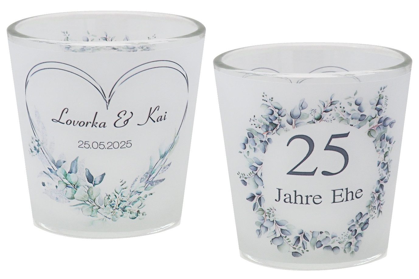 Windlicht Windlicht Banderole Silberhochzeit Eukalyptus PERSONALISIERT 7,5cm H