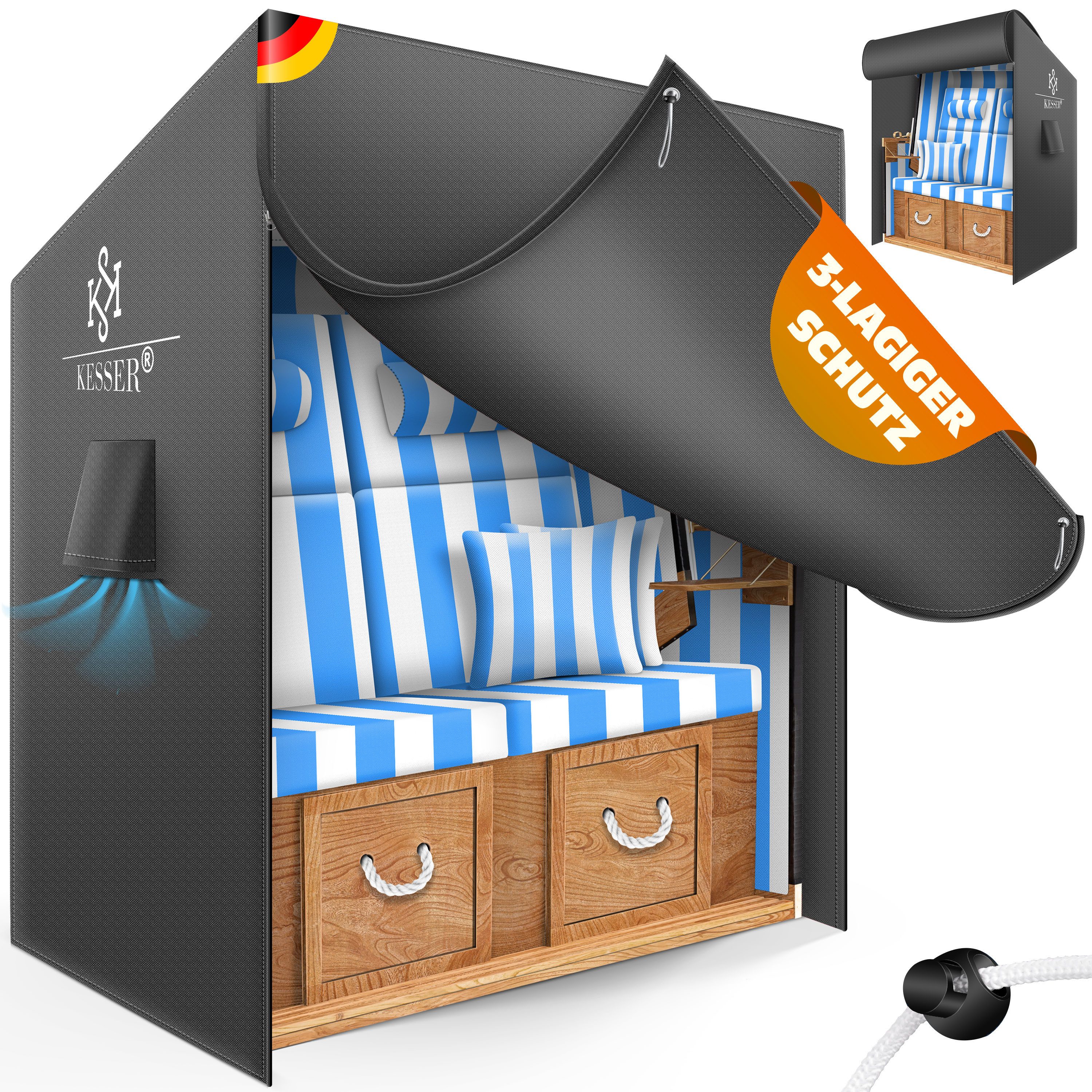 KESSER Strandkorb-Schutzhülle Premium Abdeckung 600D Oxford Gewebe (Strandkorbabdeckung mit Belüftungsöffnungen 160x155x90 cm), UV-Beständige Strandkorbhülle Reißfest, Winterfest & Wasserdicht