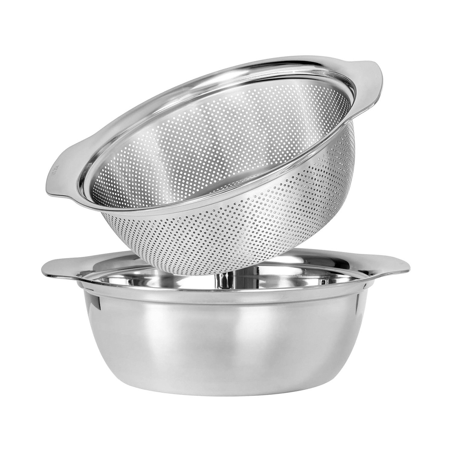 OSTWOLKE Küchensieb 2er Seiher & Schüsselset Nudelsieb Abtropfsieb Salat-Sieb Rührschüssel, Edelstahl 18/10