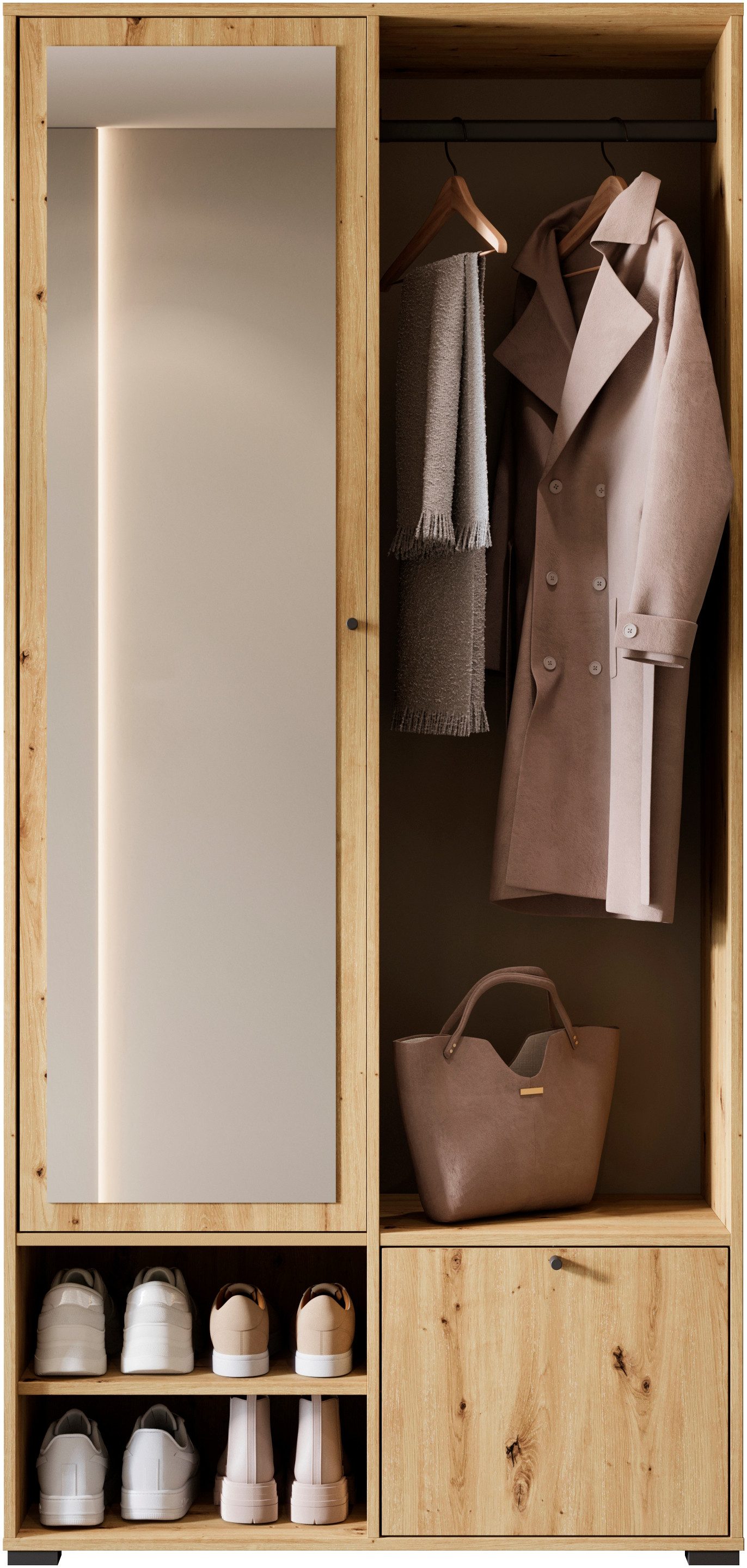 Home affaire Garderobenschrank DINO Kompaktgarderobe, Garderoben-Set DINO Mit Spiegel und Kleiderstange, 90 cm breit, Türanschlag wechselbar – Bild 4 von 5