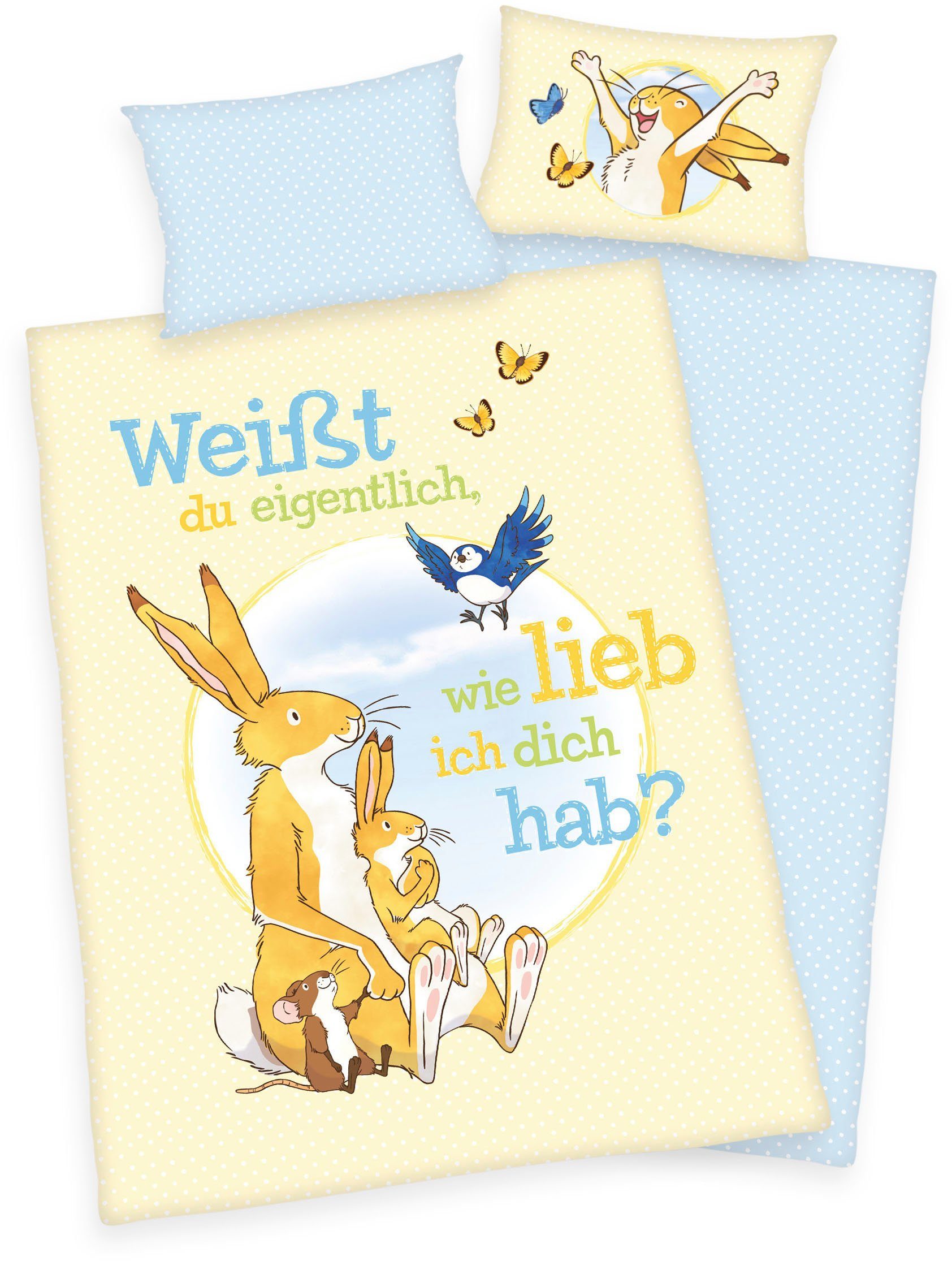 Babybettwäsche Weißt du eigentlich, wie lieb ich dich hab?, Renforcé, mit tollem "Weißt du eigentlich, wie lieb ich dich hab"-Motiv